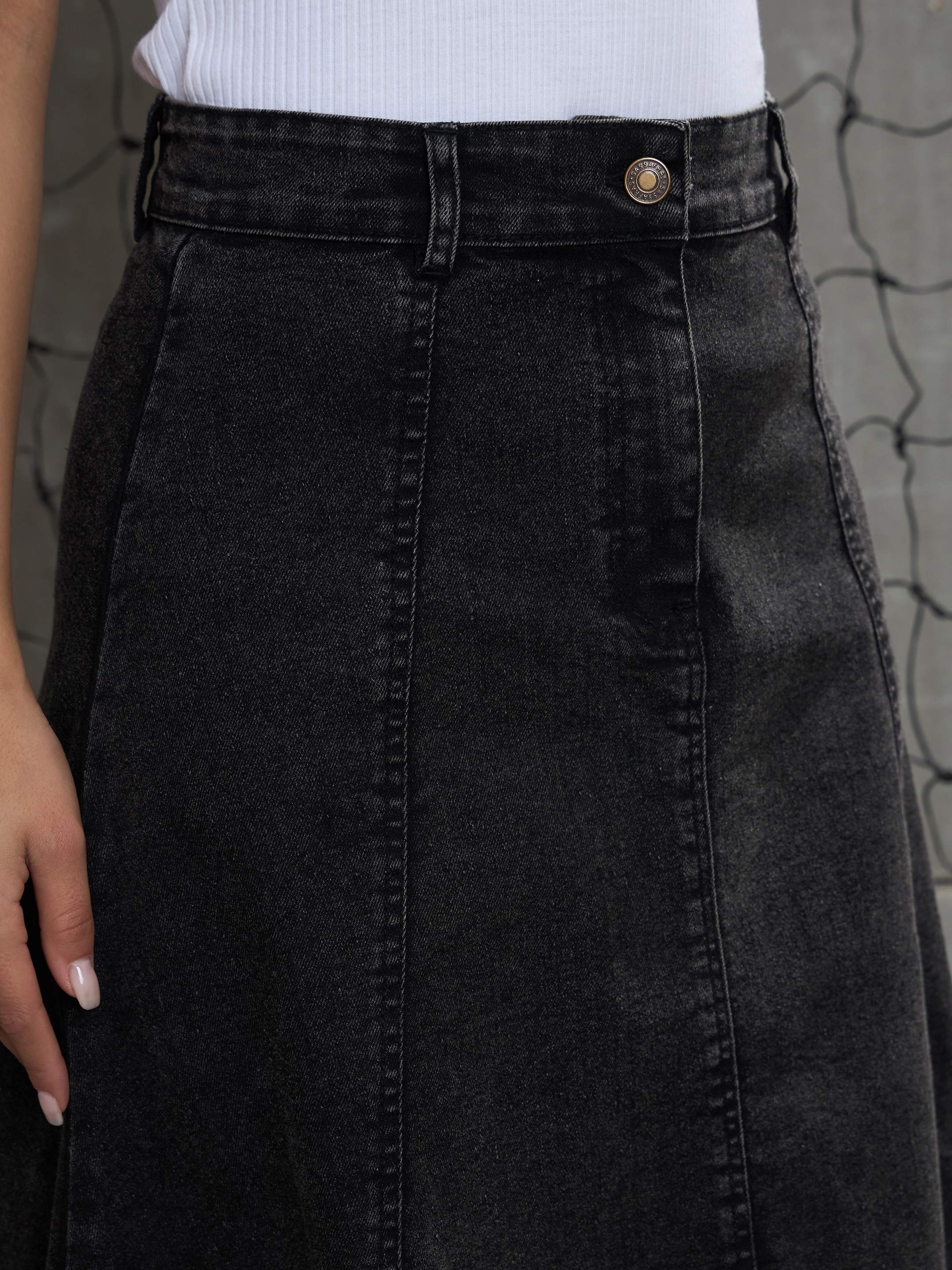 Women's Black Washed Denim Flared Hem Skirt-SASSAFRAS