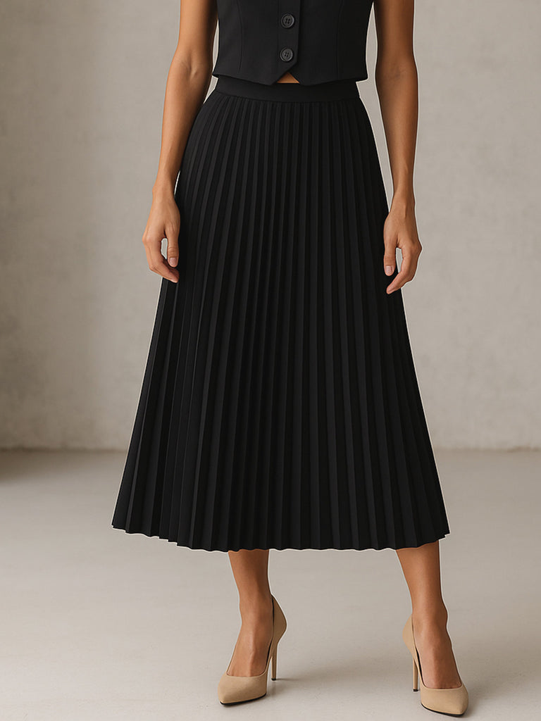Women's Black Elasticated Waist Pleated Midi Skirt