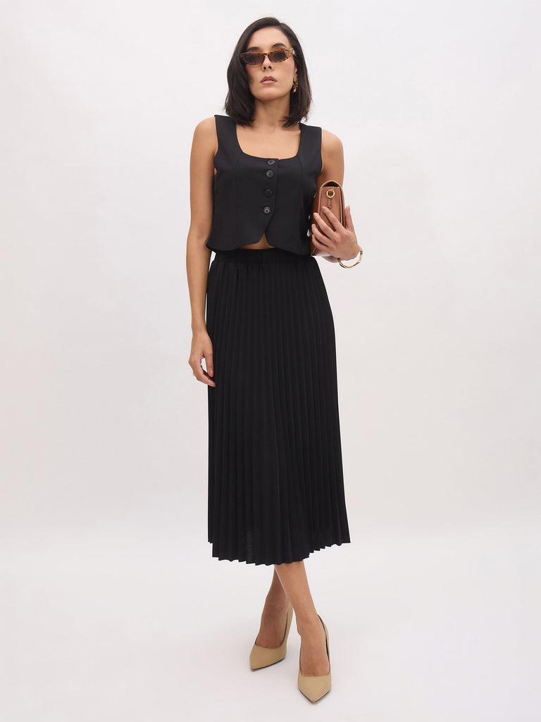 Women's Black Elasticated Waist Pleated Midi Skirt