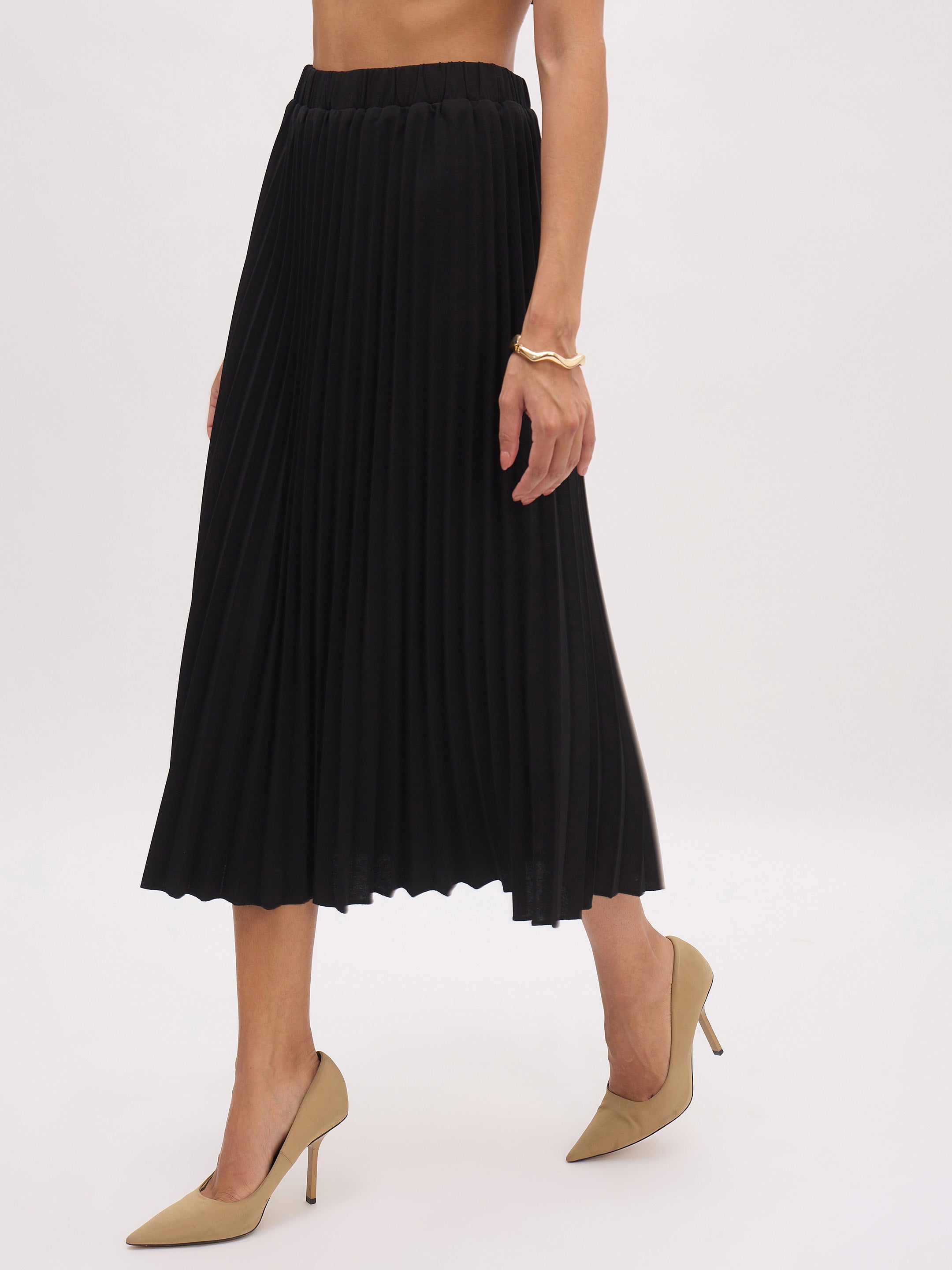 Women's Black Elasticated Waist Pleated Midi Skirt