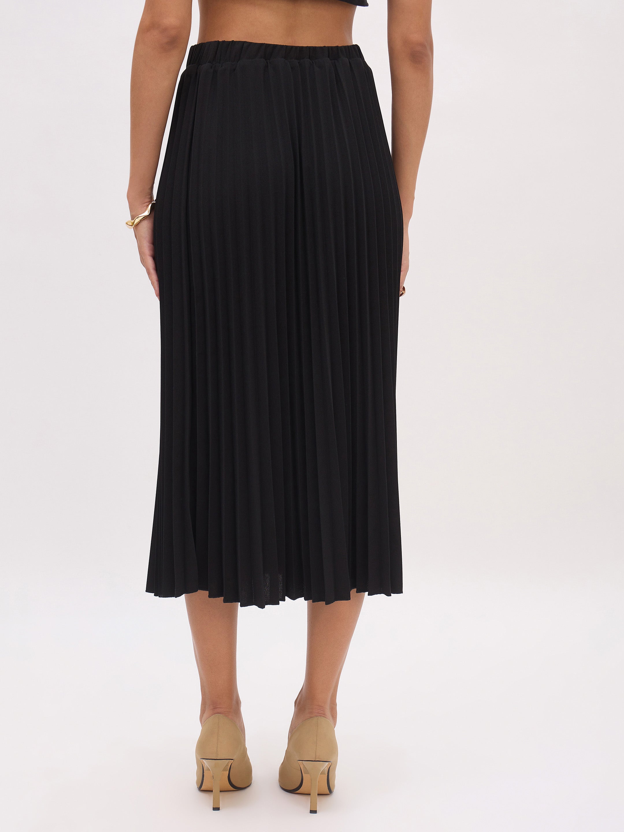 Women's Black Elasticated Waist Pleated Midi Skirt