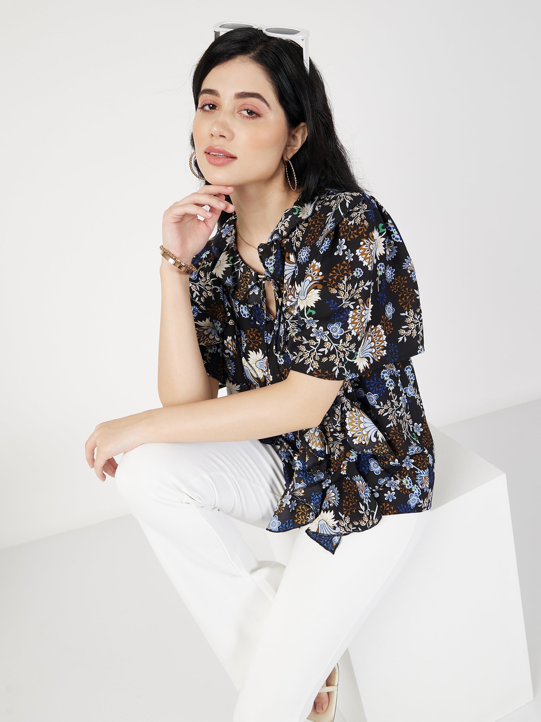 Women's Navy Floral Front Tie-Neck Ruffle Top