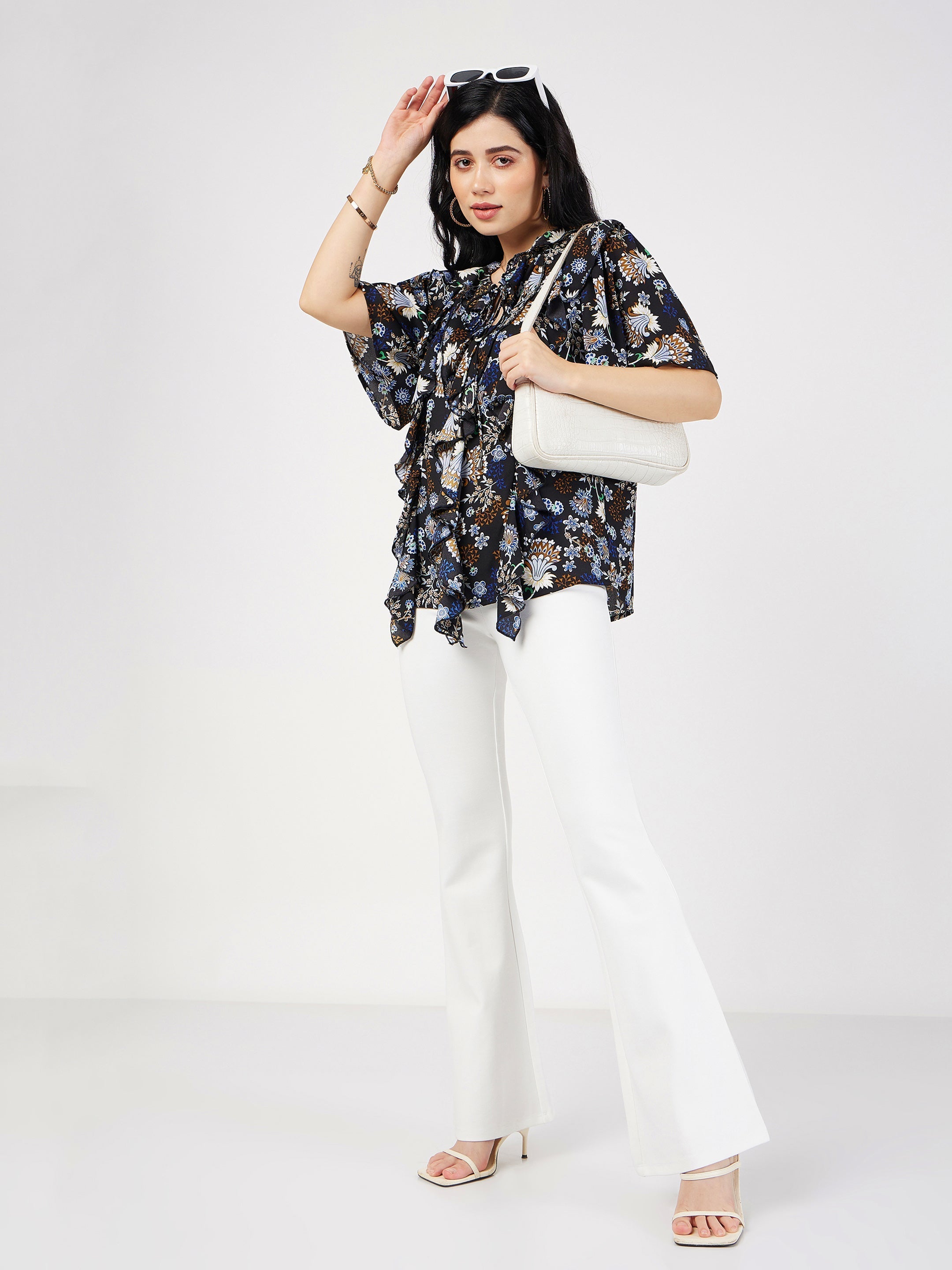 Women's Navy Floral Front Tie-Neck Ruffle Top