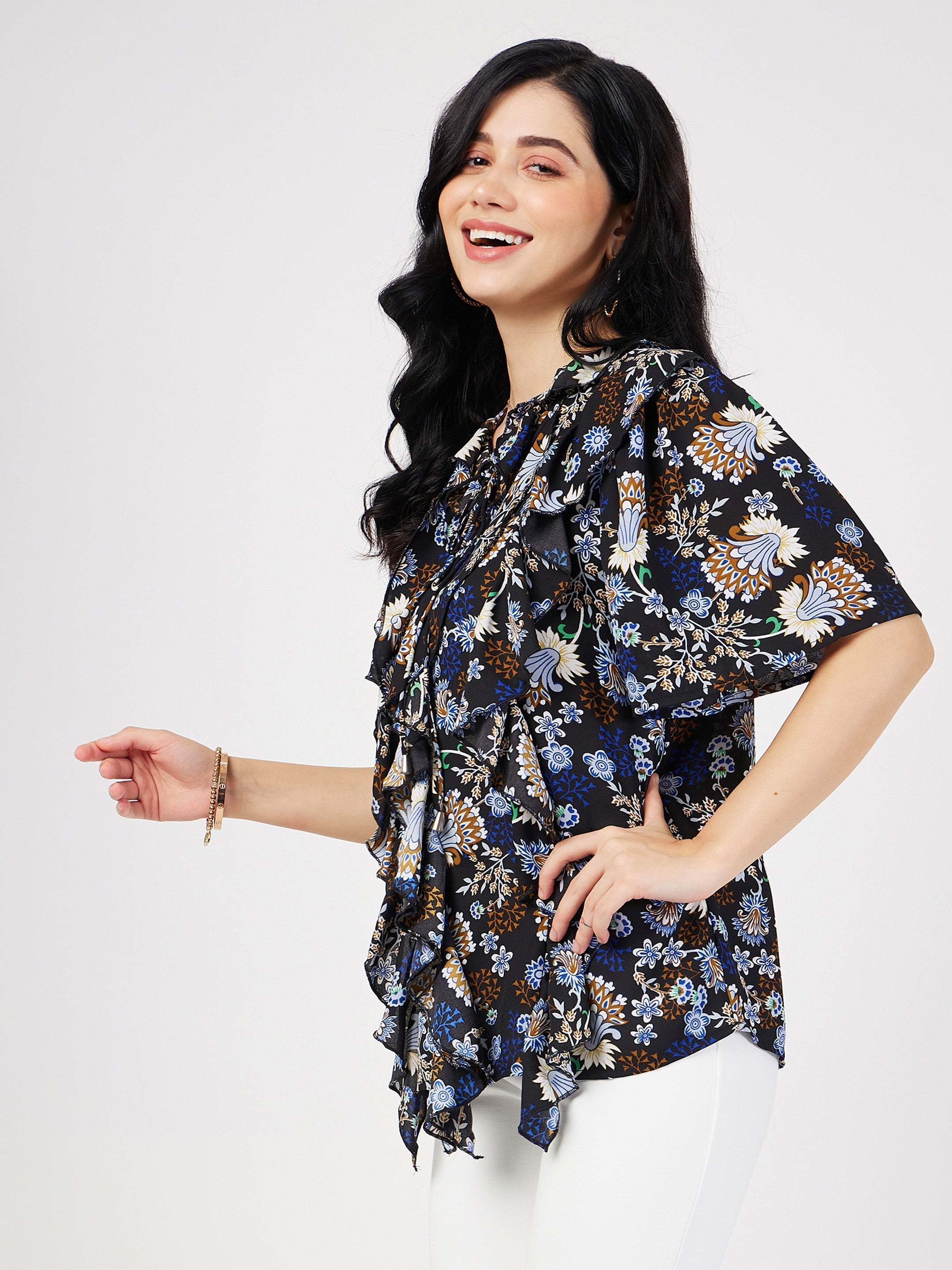 Women's Navy Floral Front Tie-Neck Ruffle Top