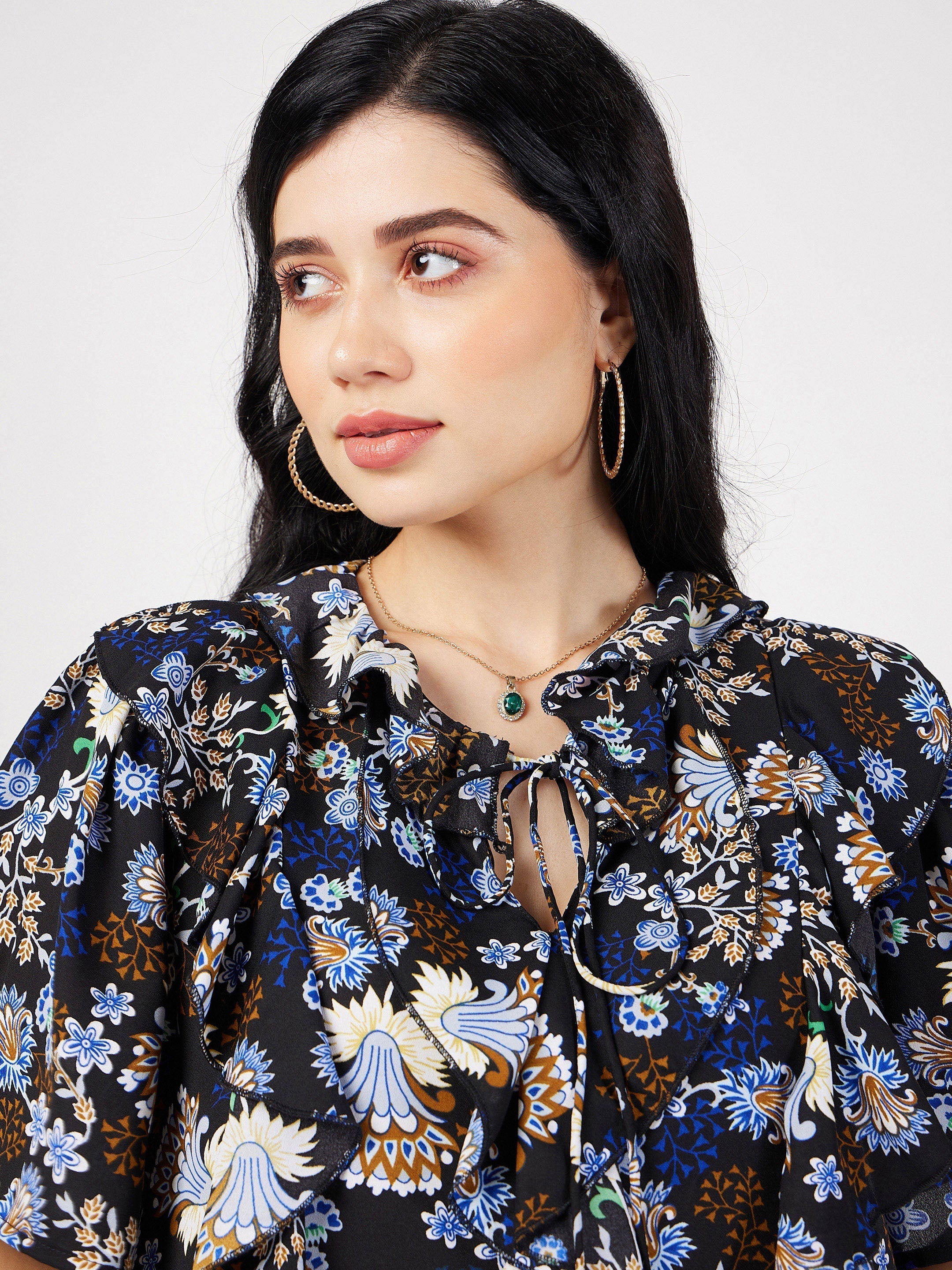 Women's Navy Floral Front Tie-Neck Ruffle Top