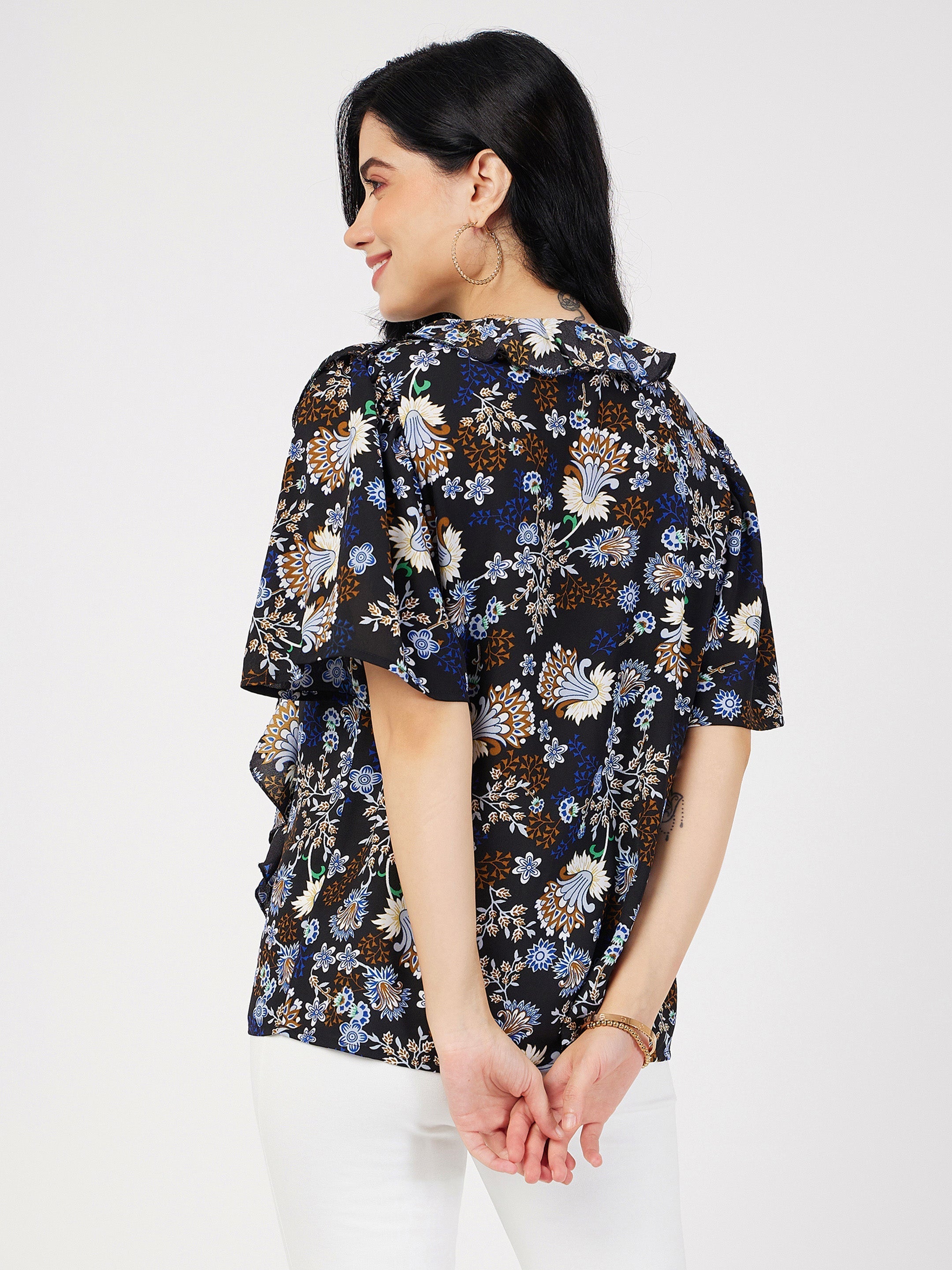 Women's Navy Floral Front Tie-Neck Ruffle Top