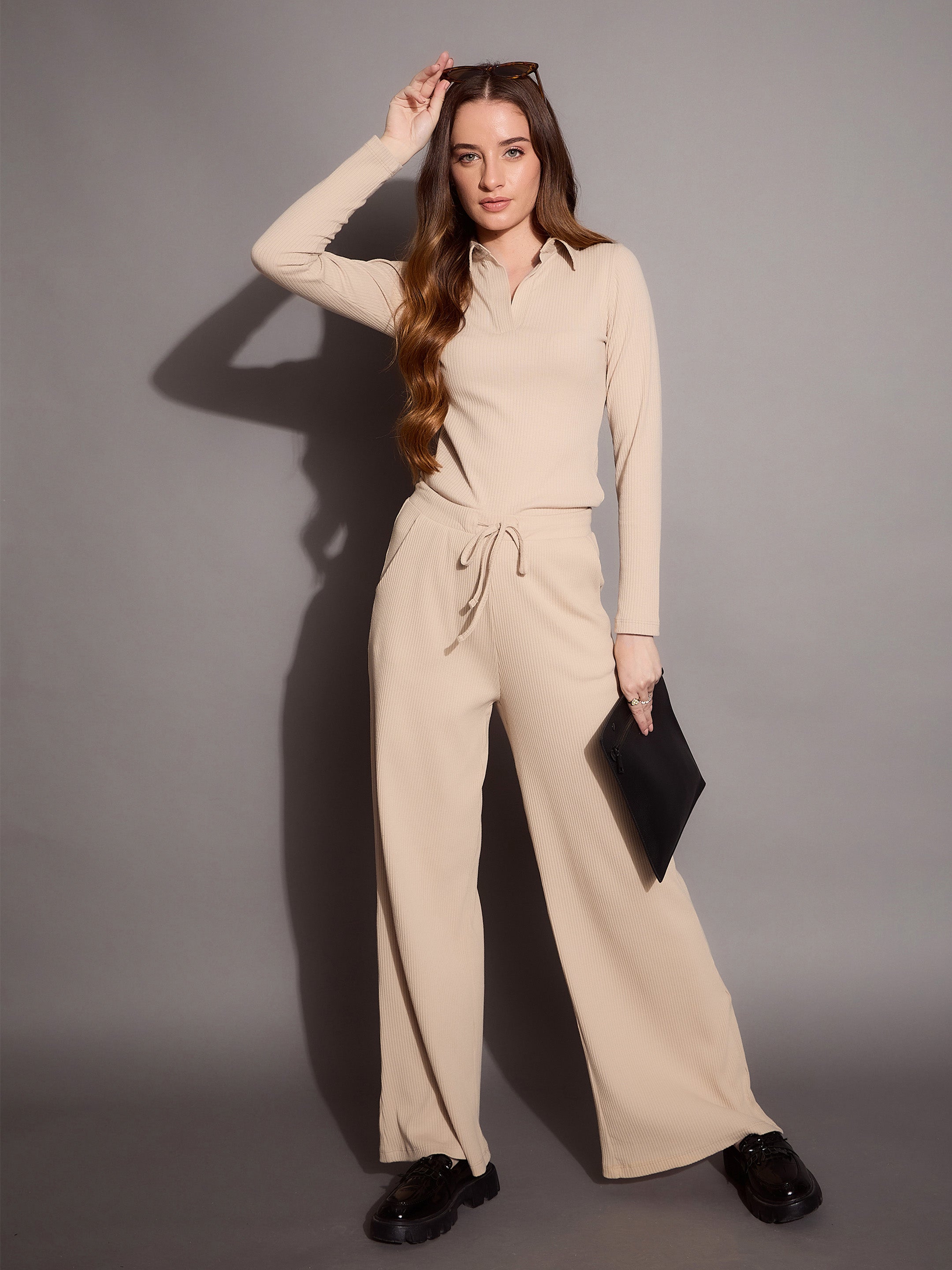 Women's Beige Rib Co-Ord Set - Sassafras