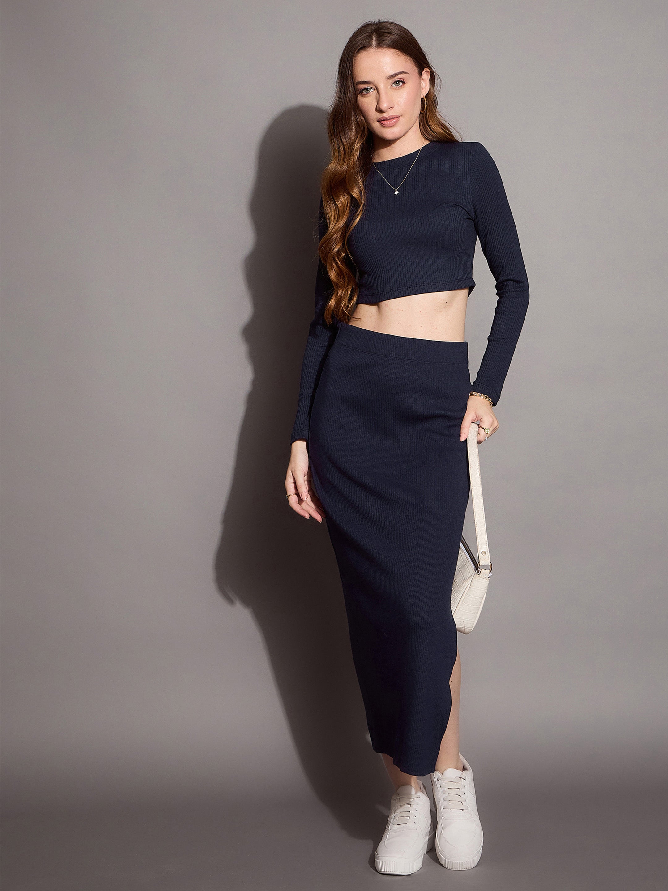 Women's Navy Blue Crop Top Co-Ord Set - Sassafras