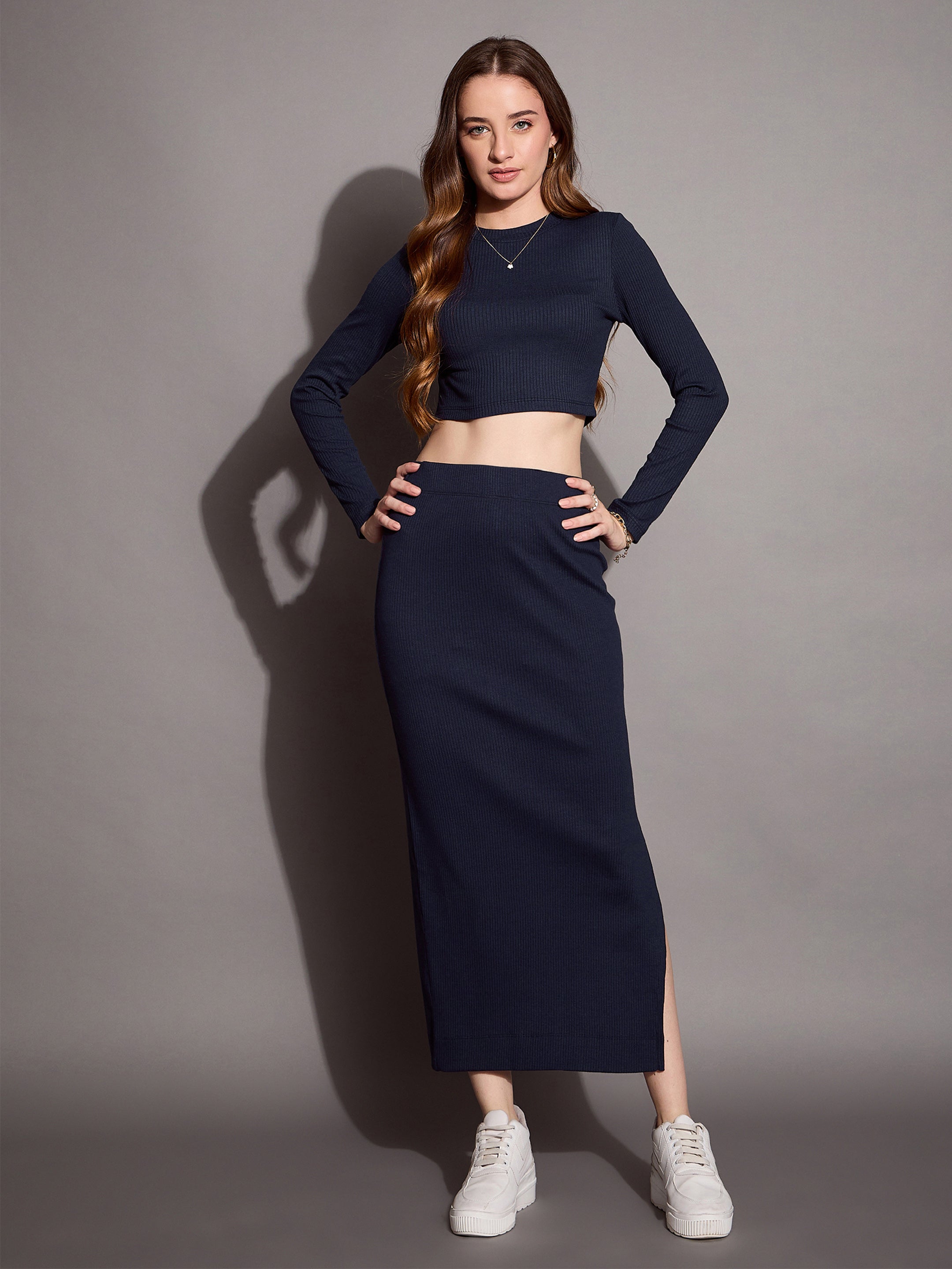 Women's Navy Blue Crop Top Co-Ord Set - Sassafras