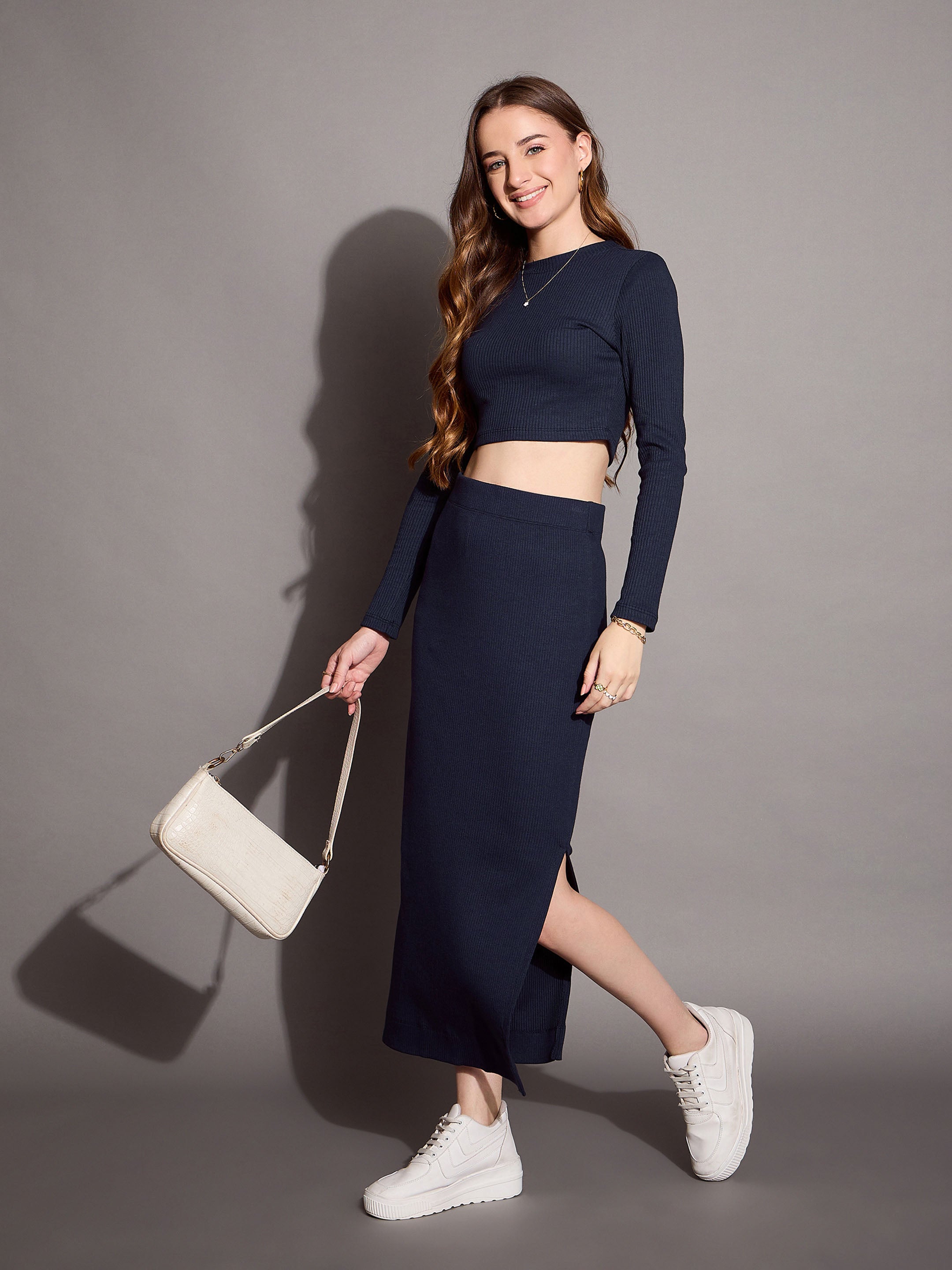 Women's Navy Blue Crop Top Co-Ord Set - Sassafras