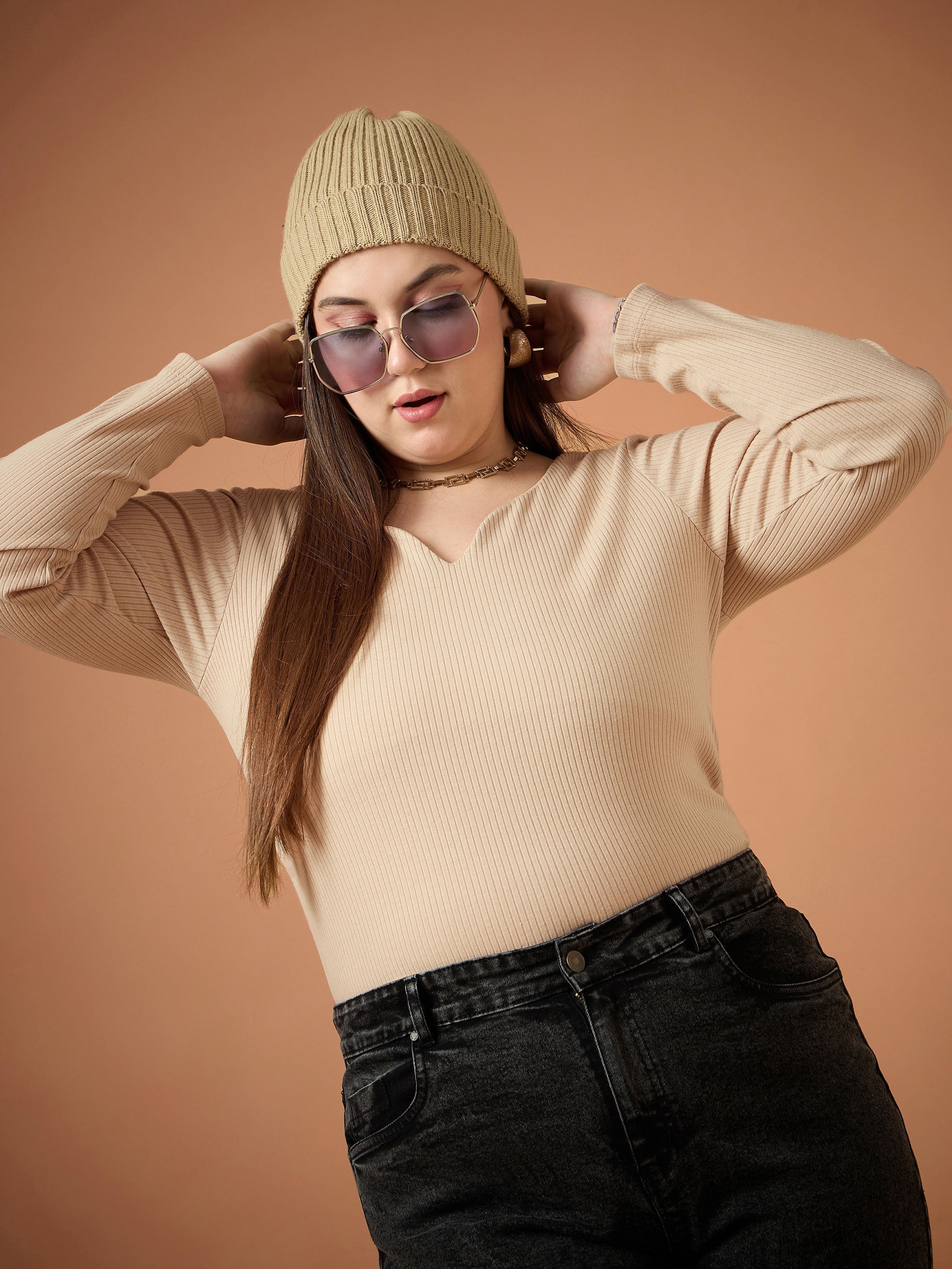Women's Beige Rib Top