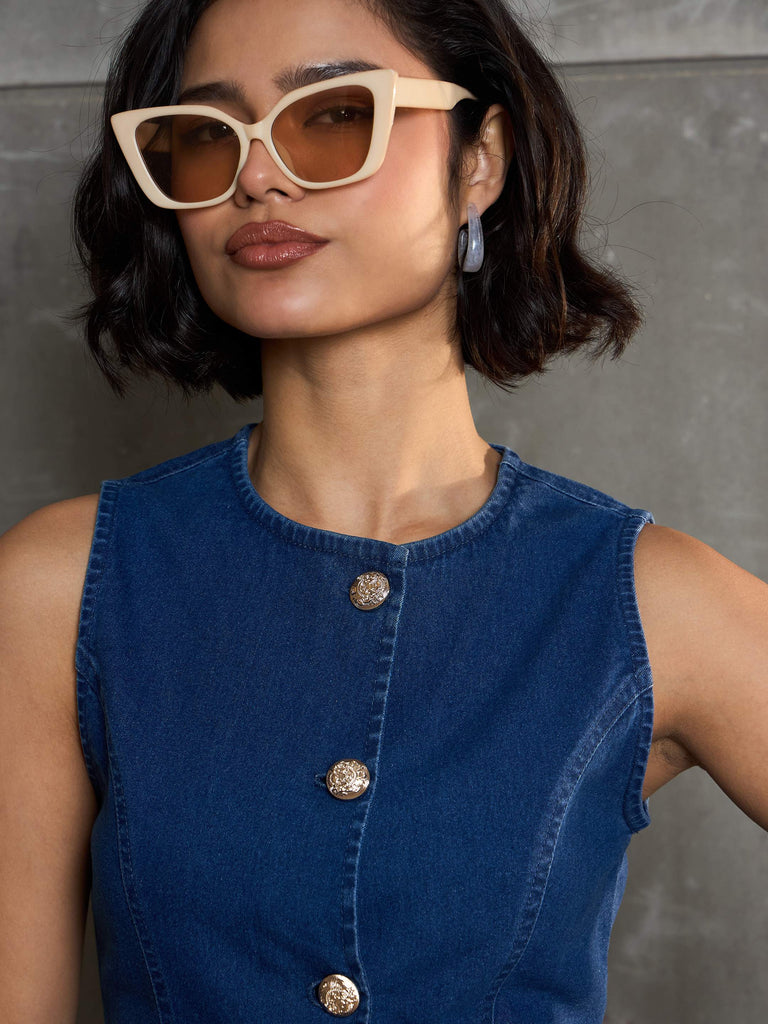 Women's Navy Denim Front Open Sleeveless Top With Shor