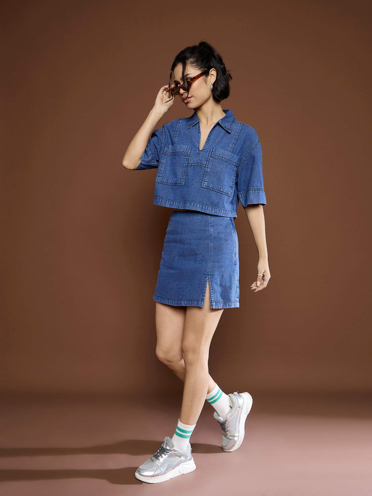Women's Blue Denim Patch Pocket Crop Top With Skor