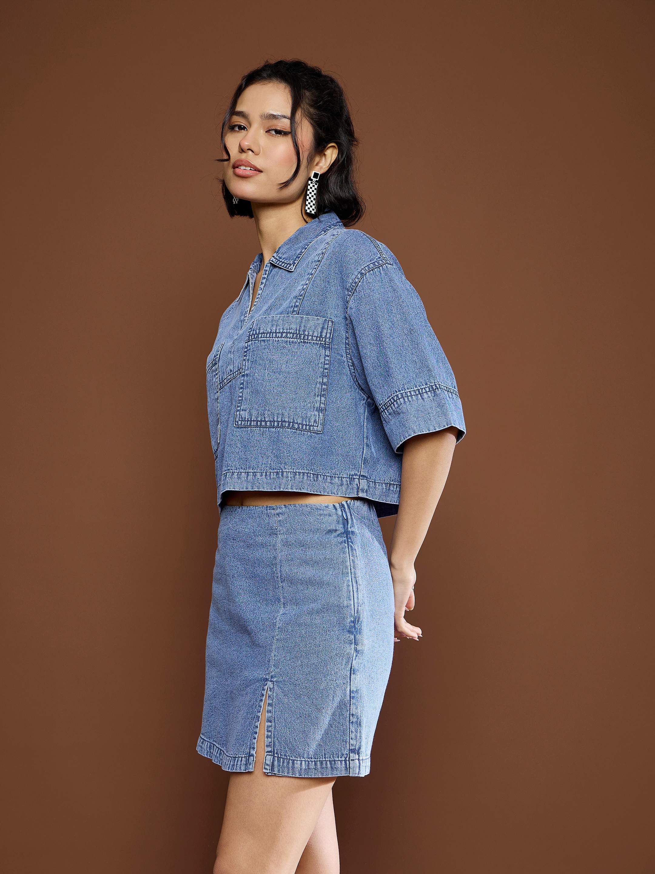 Women's Blue Blast Denim Patch Pocket Crop Top With Skorts-SASSAFRAS