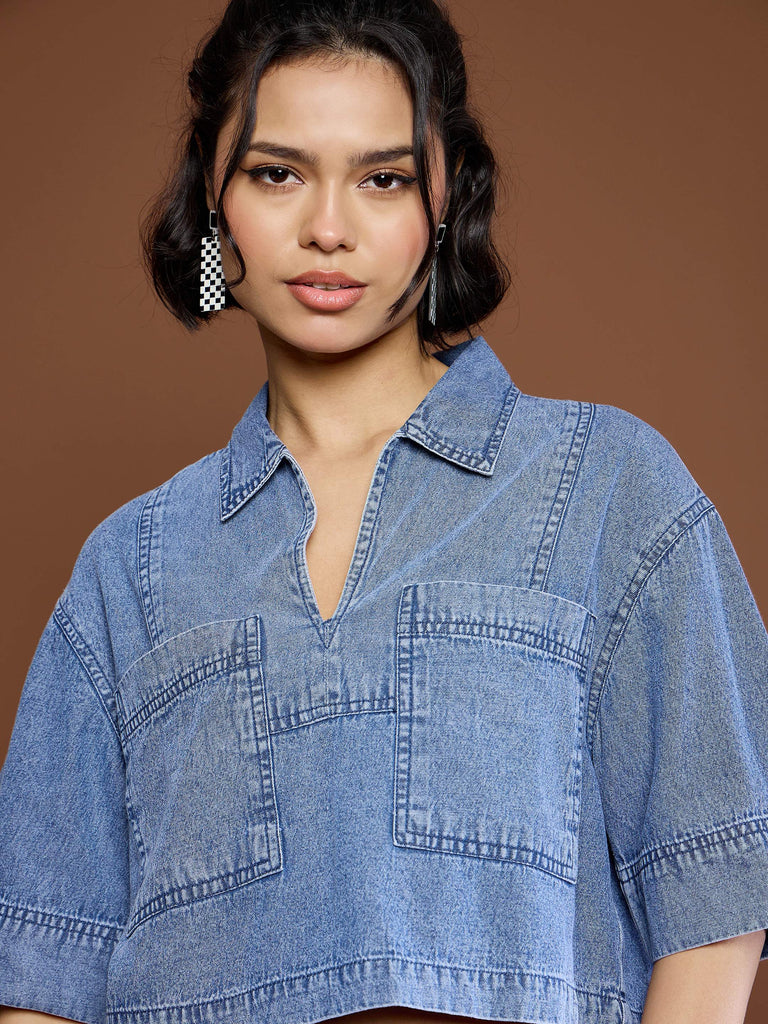 Women's Blue Blast Denim Patch Pocket Crop Top With Skor