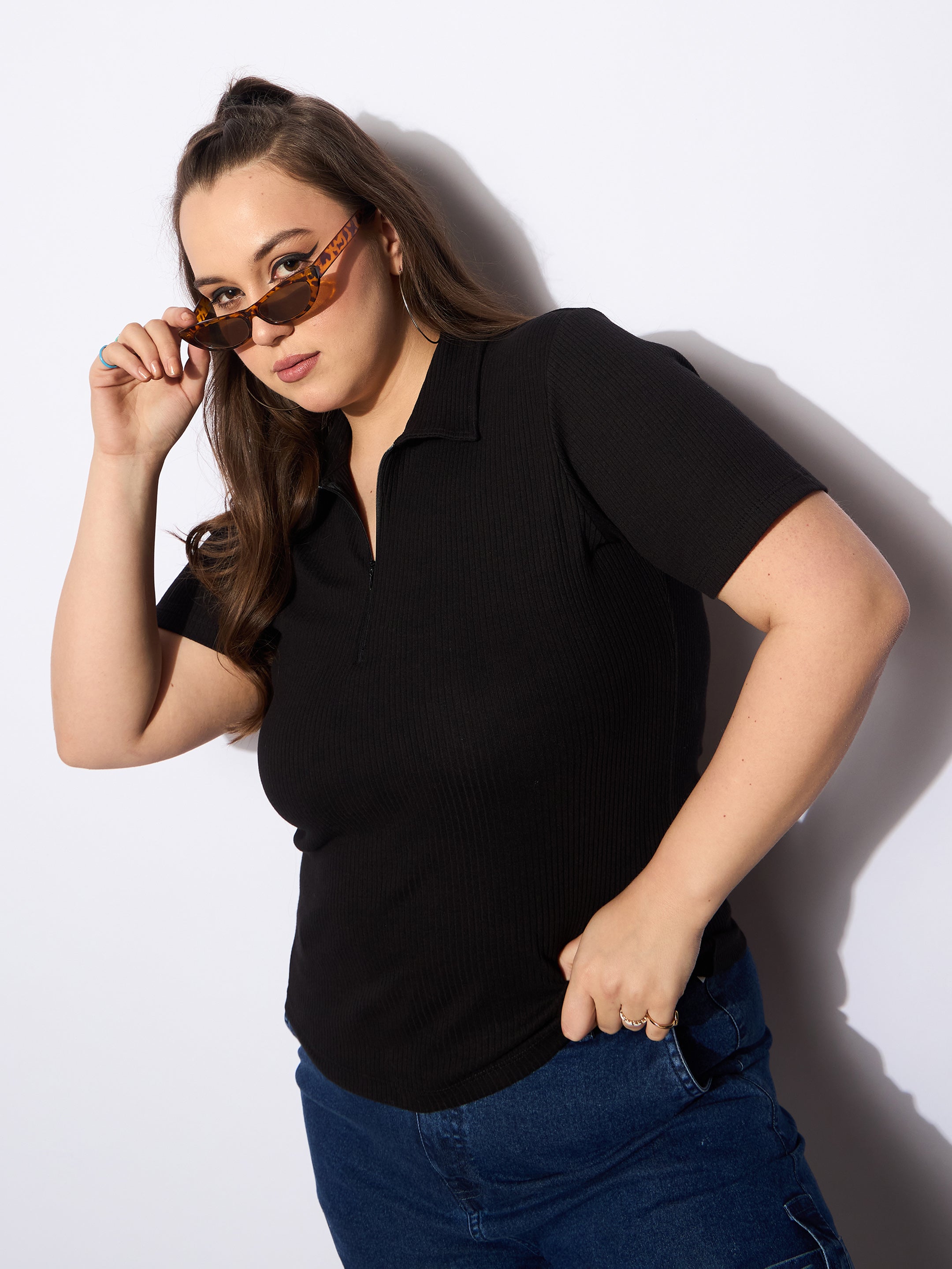 Women's Black Rib Front Zipper Polo Neck T
