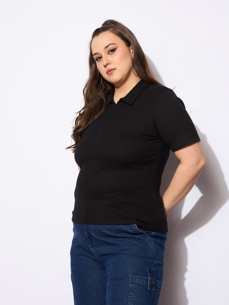 Women's Black Rib Front Zipper Polo Neck T
