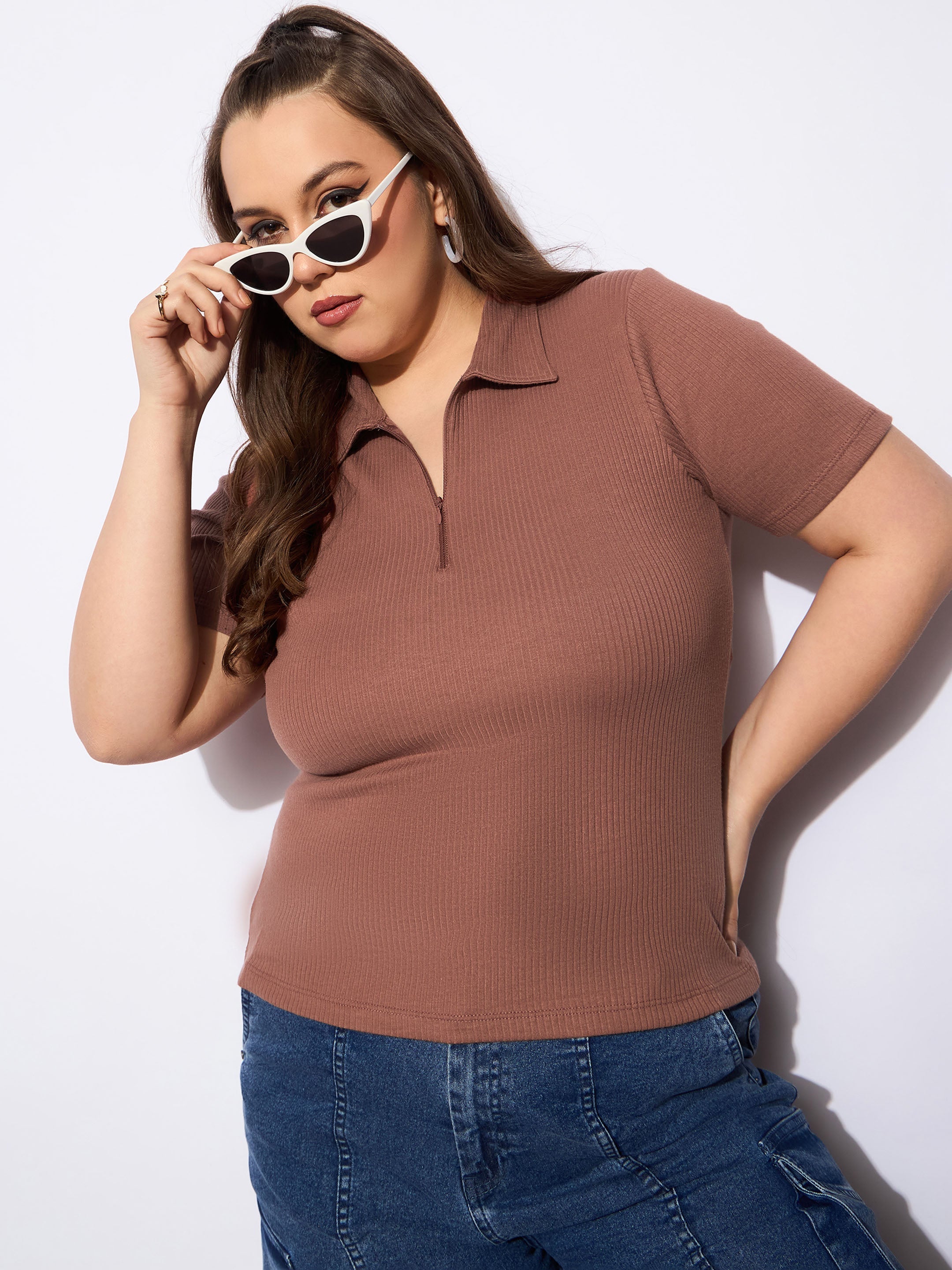 Women's Brown Rib Front Zipper Polo Neck T