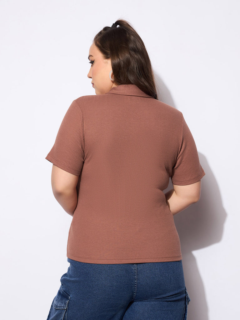 Women's Brown Rib Front Zipper Polo Neck T