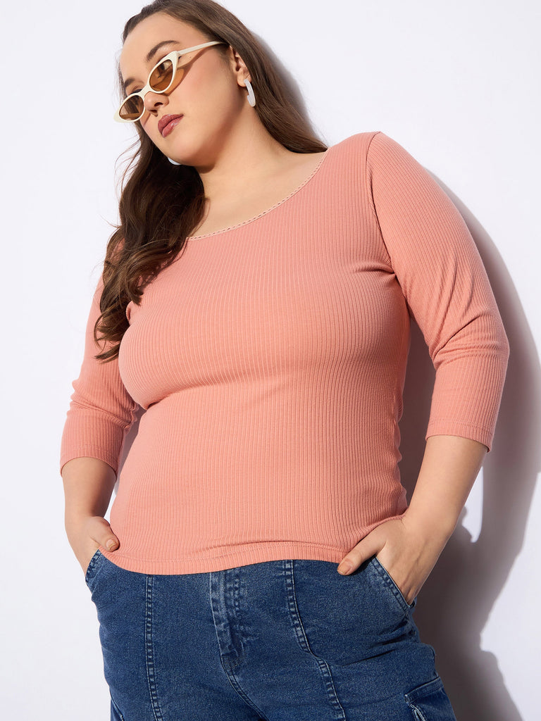 Women's Pink Rib Round Neck Lace Detail T