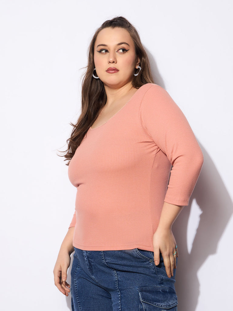 Women's Pink Rib Round Neck Lace Detail T