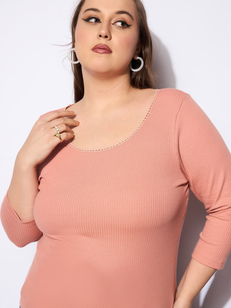 Women's Pink Rib Round Neck Lace Detail T