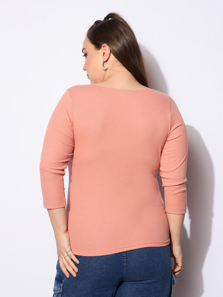 Women's Pink Rib Round Neck Lace Detail T