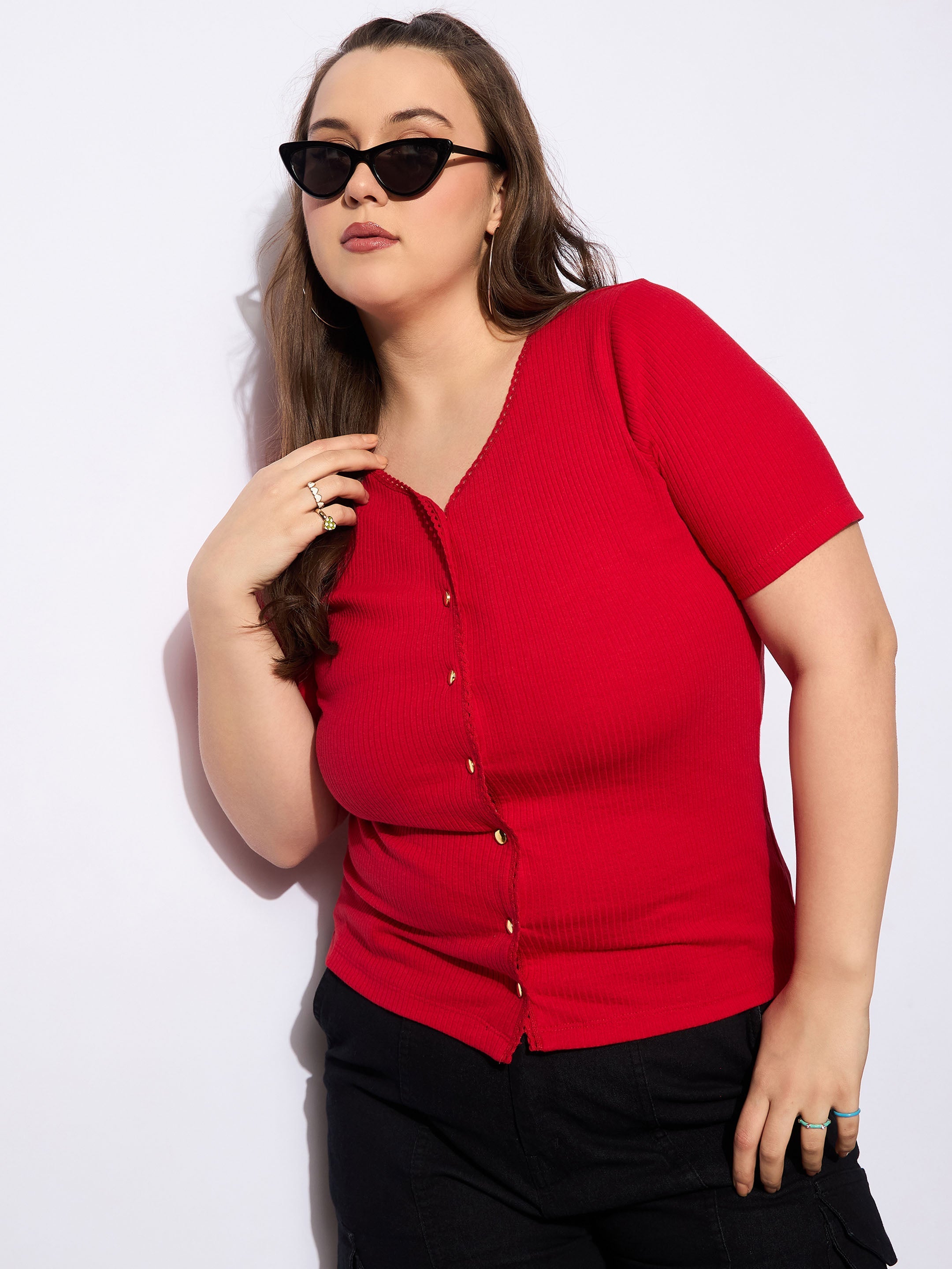 Women's Red Rib Front Button Lace Detail Top-SASSAFRAS