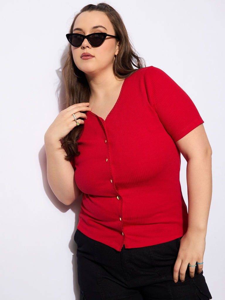 Women's Red Rib Front Button Lace Detail T