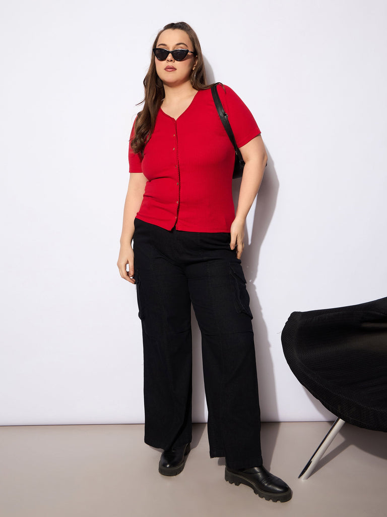 Women's Red Rib Front Button Lace Detail T