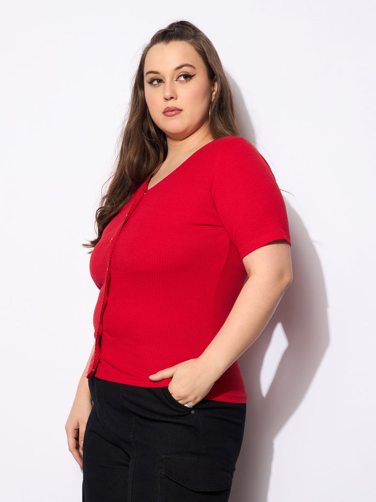 Women's Red Rib Front Button Lace Detail T