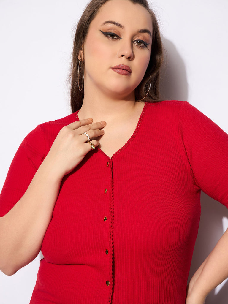 Women's Red Rib Front Button Lace Detail T