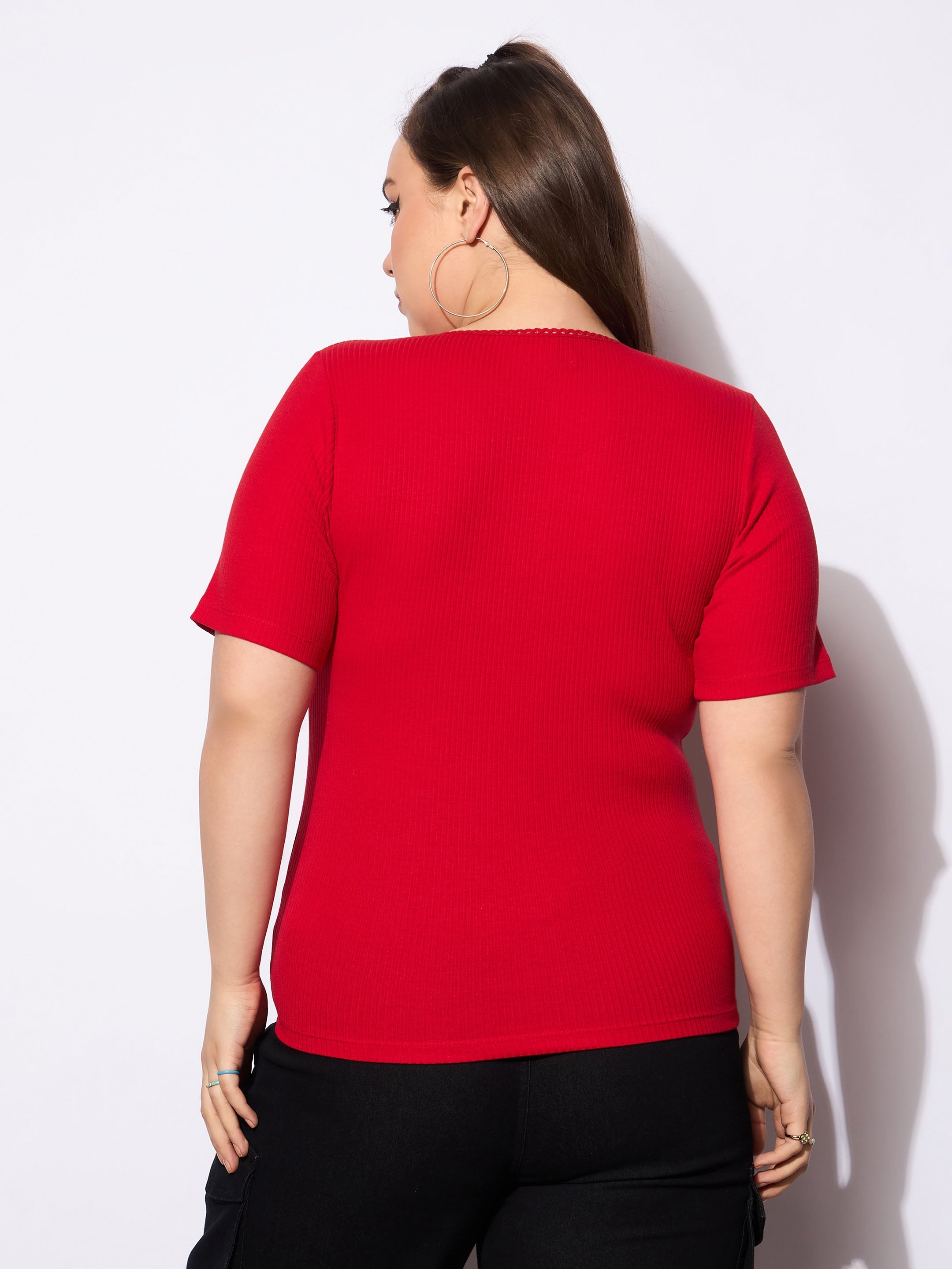 Women's Red Rib Front Button Lace Detail Top-SASSAFRAS