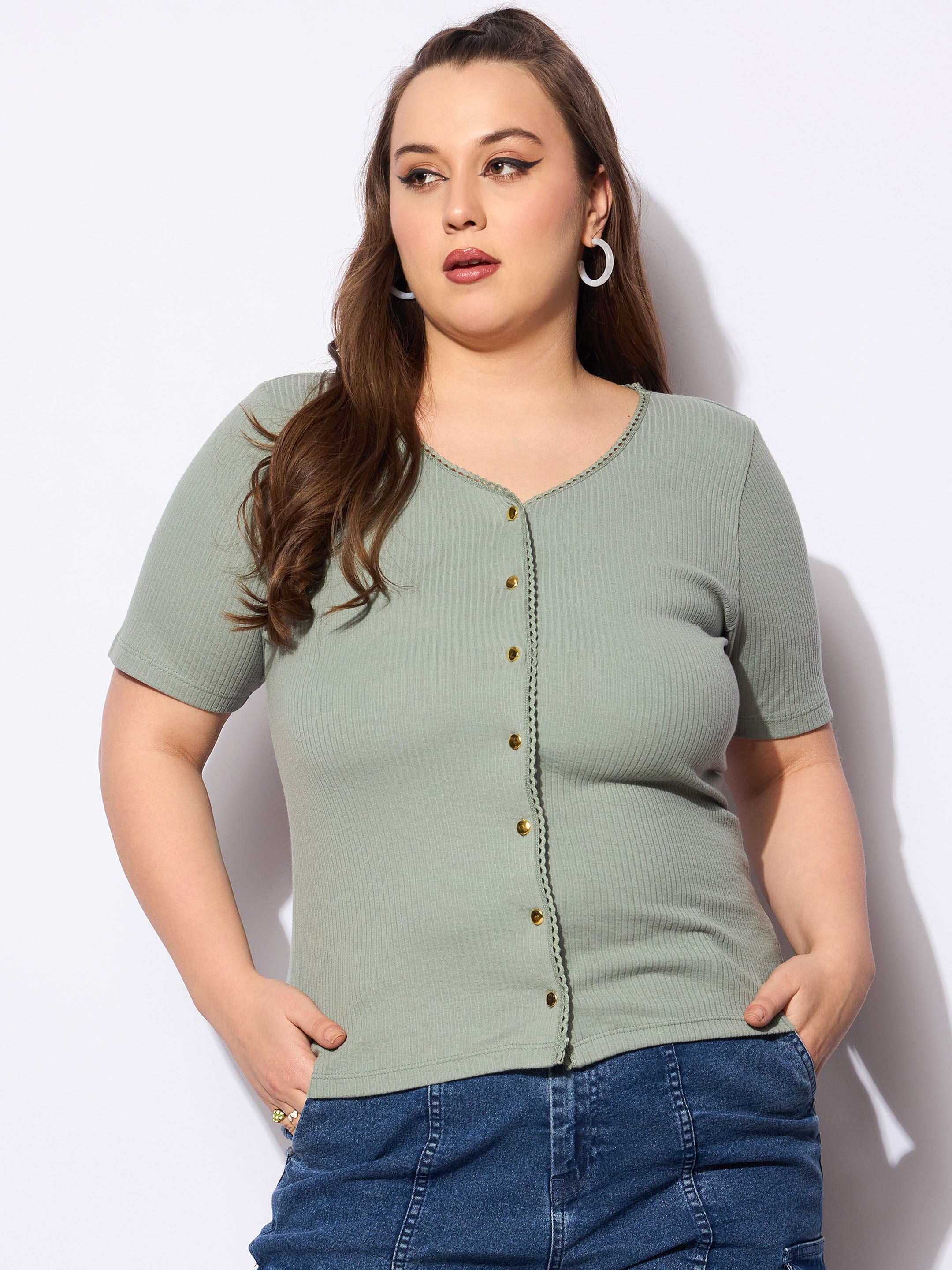 Women's Green Rib Front Button Lace Detail Top-SASSAFRAS