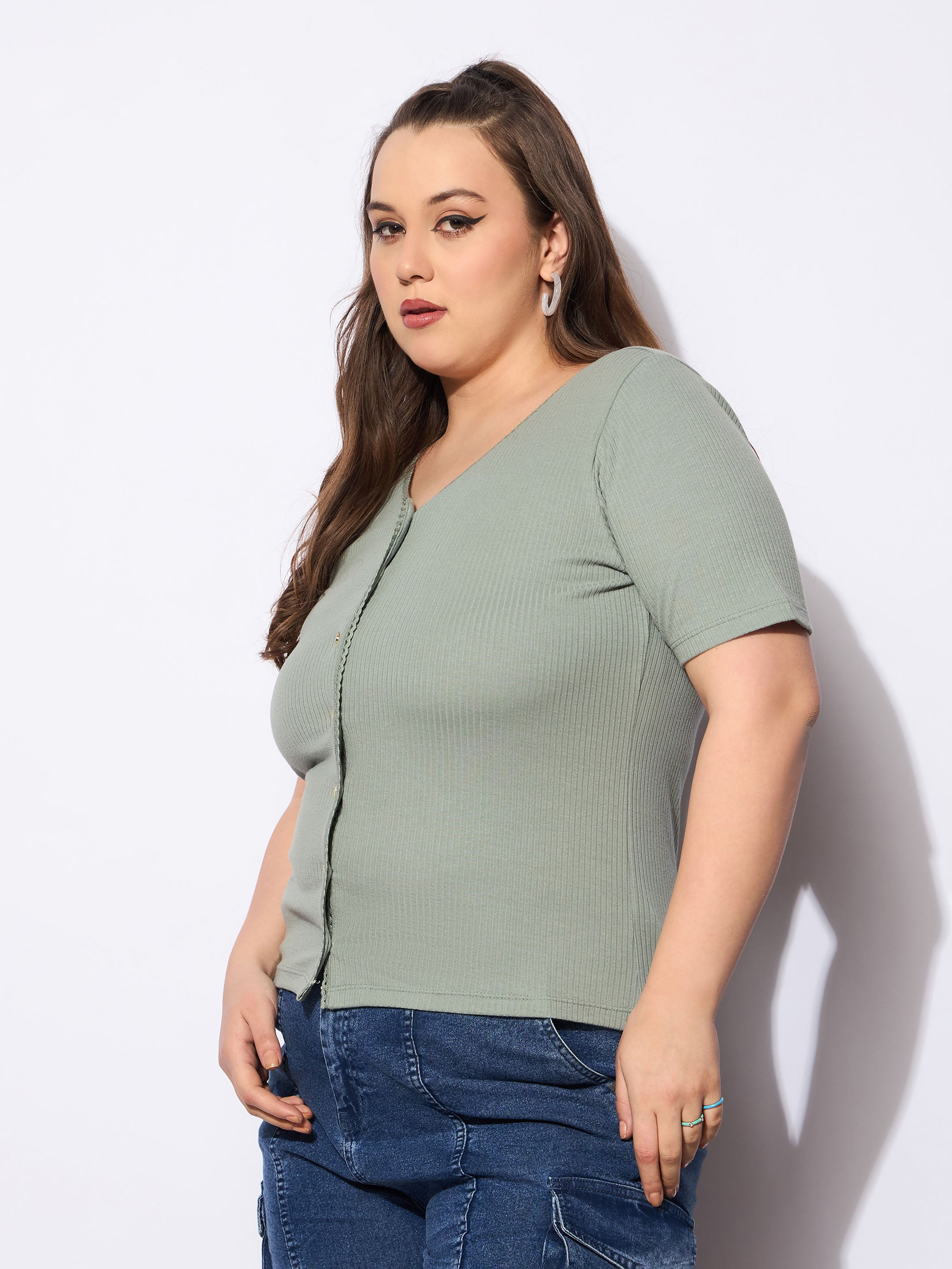 Women's Green Rib Front Button Lace Detail Top-SASSAFRAS