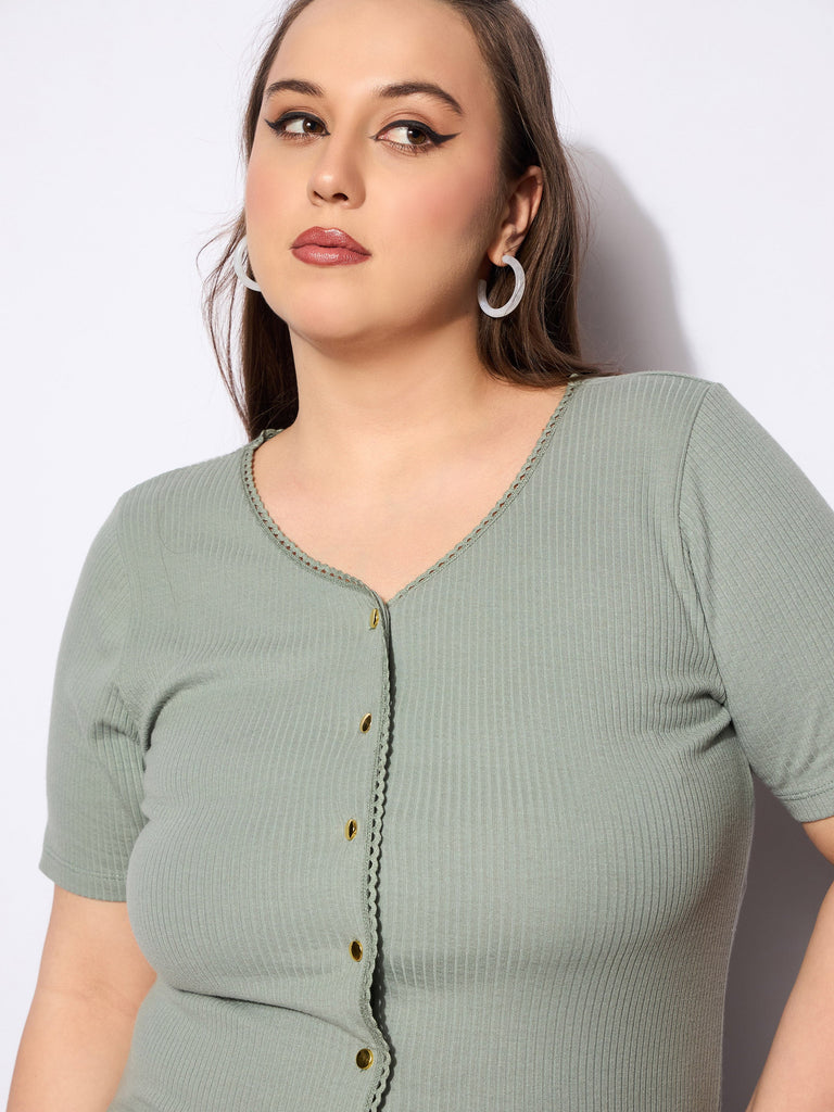 Women's Green Rib Front Button Lace Detail T