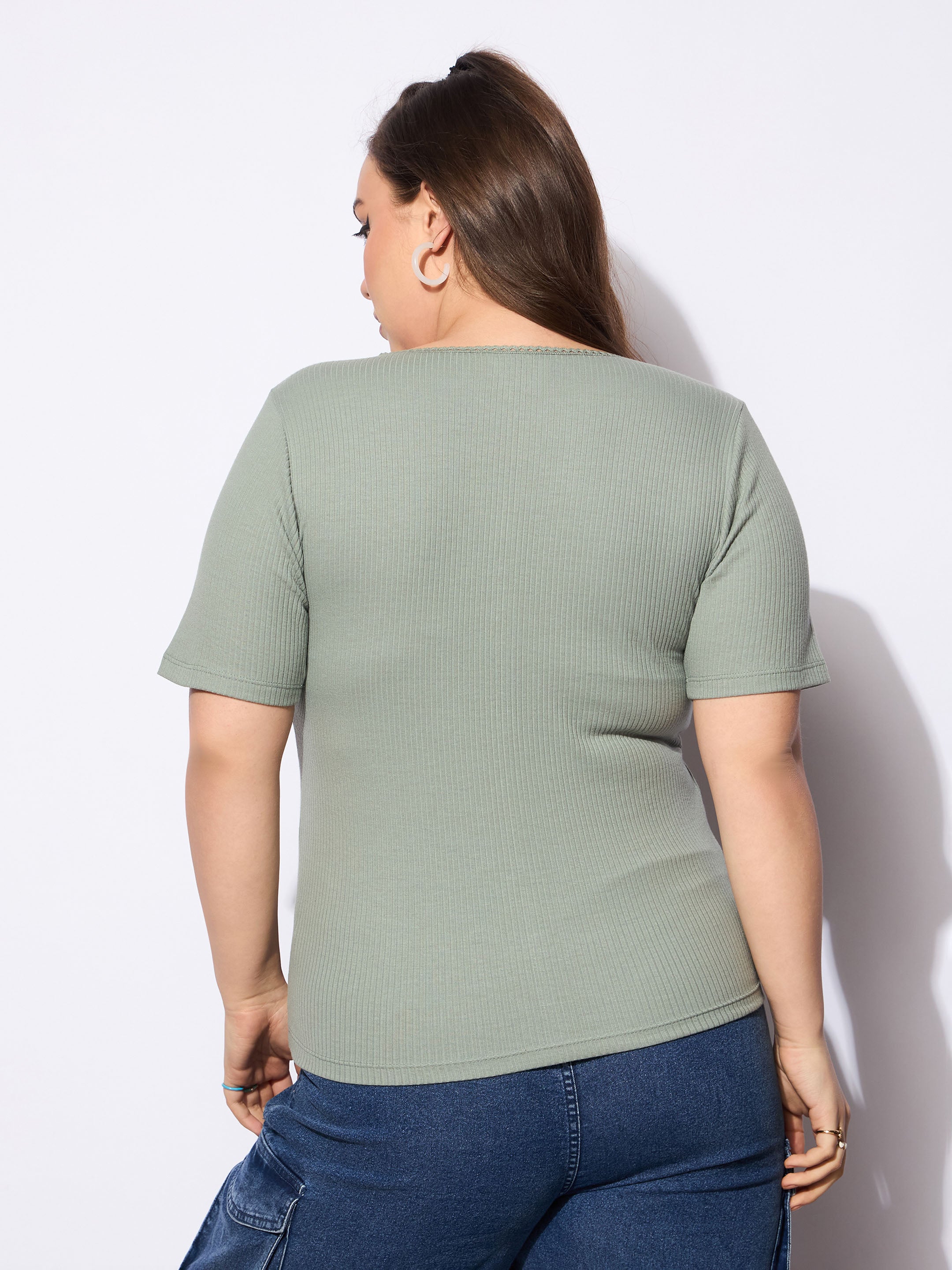 Women's Green Rib Front Button Lace Detail Top-SASSAFRAS