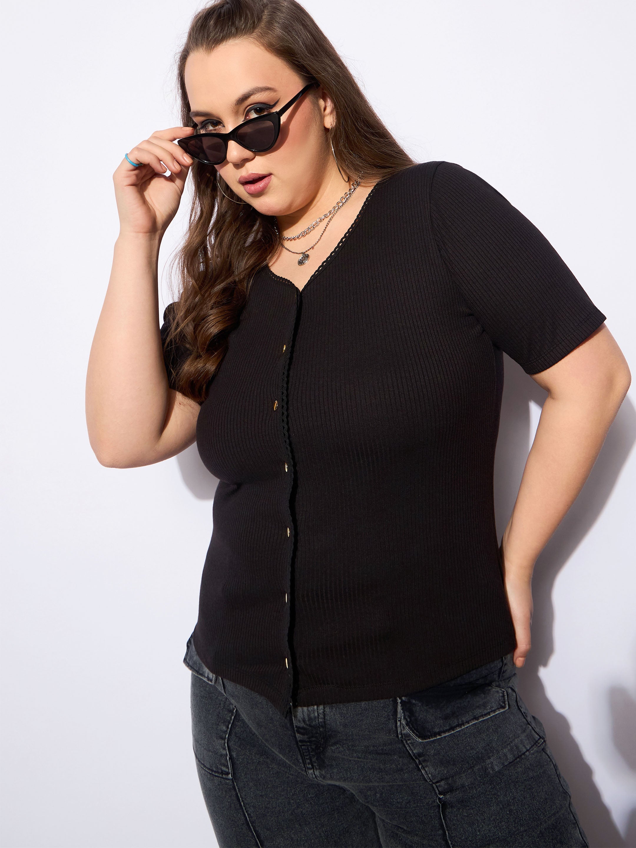 Women's Black Rib Front Button Lace Detail Top-SASSAFRAS