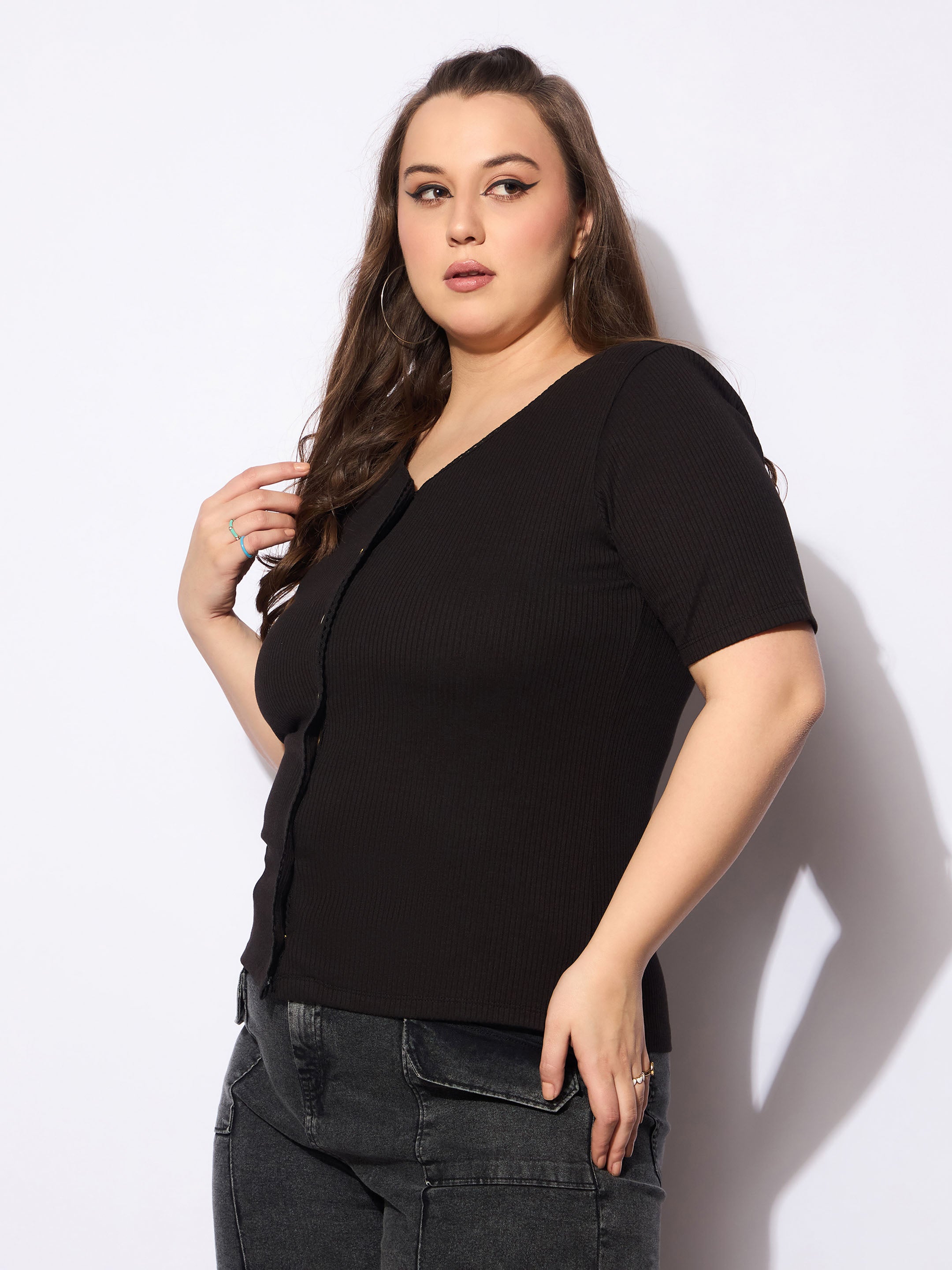 Women's Black Rib Front Button Lace Detail Top-SASSAFRAS