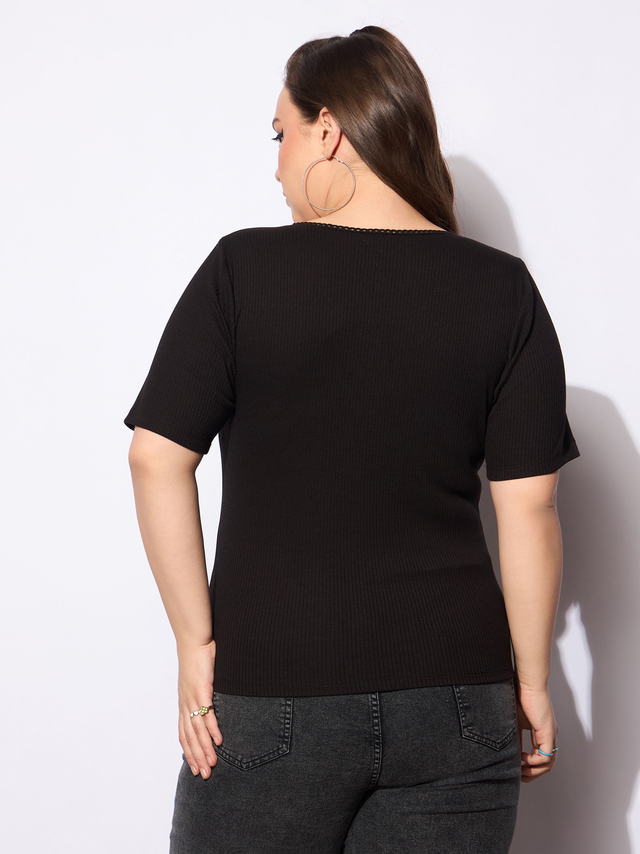 Women's Black Rib Front Button Lace Detail Top-SASSAFRAS