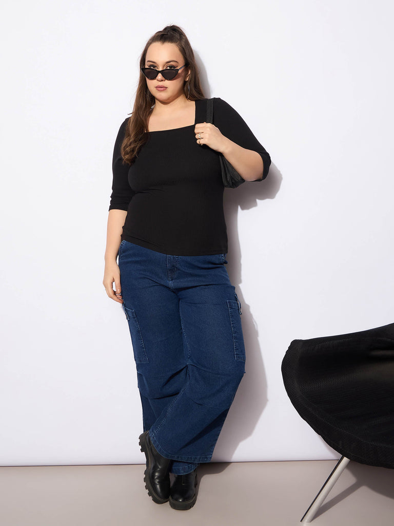 Women's Black Rib Square Neck T