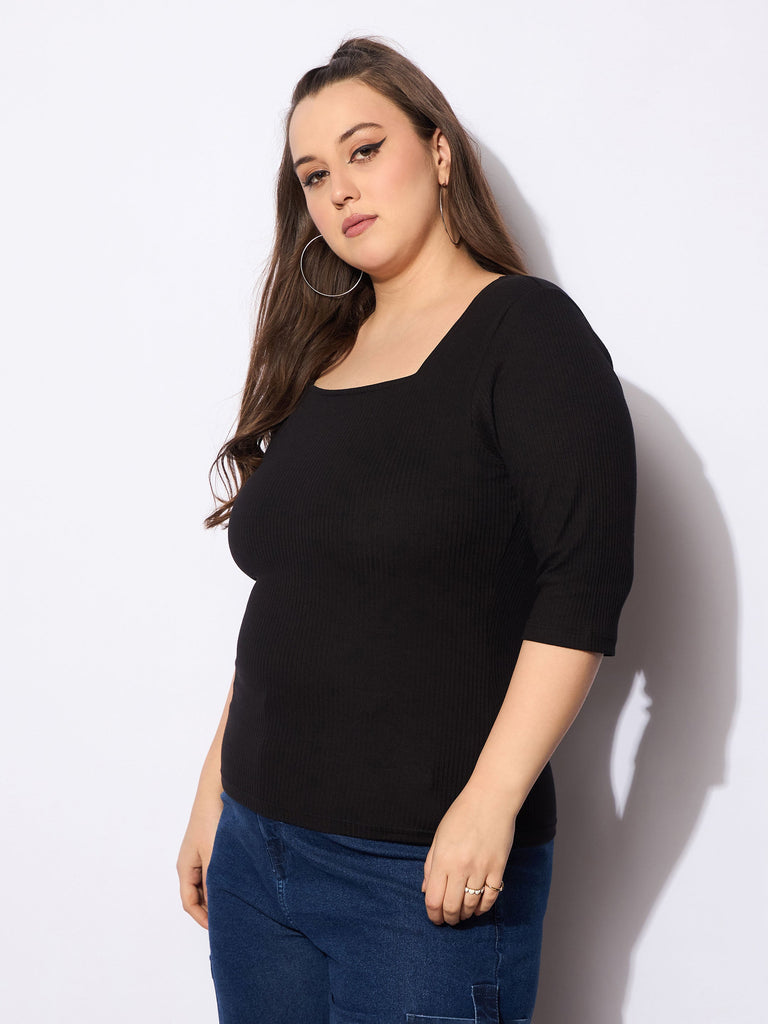 Women's Black Rib Square Neck T