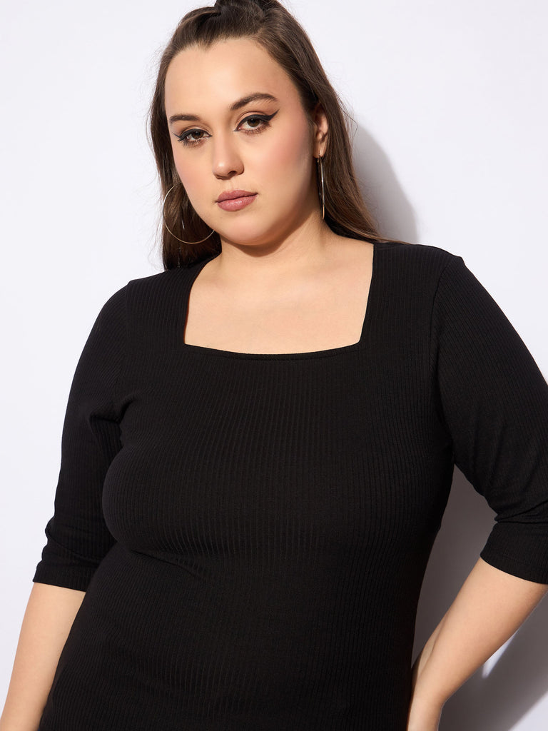 Women's Black Rib Square Neck T