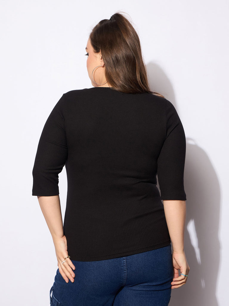 Women's Black Rib Square Neck T