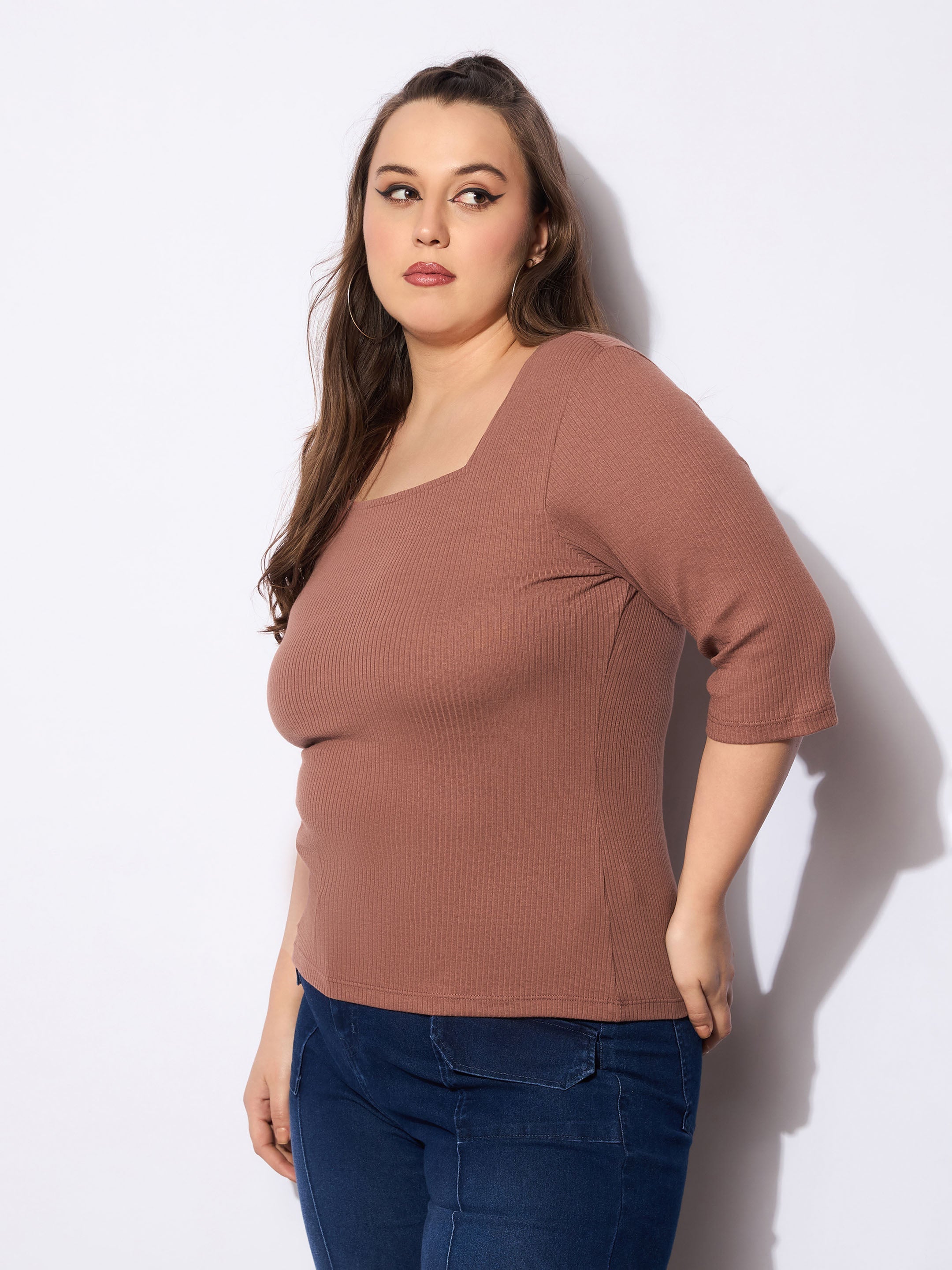 Women's Brown Rib Sqaure Neck Top-SASSAFRAS