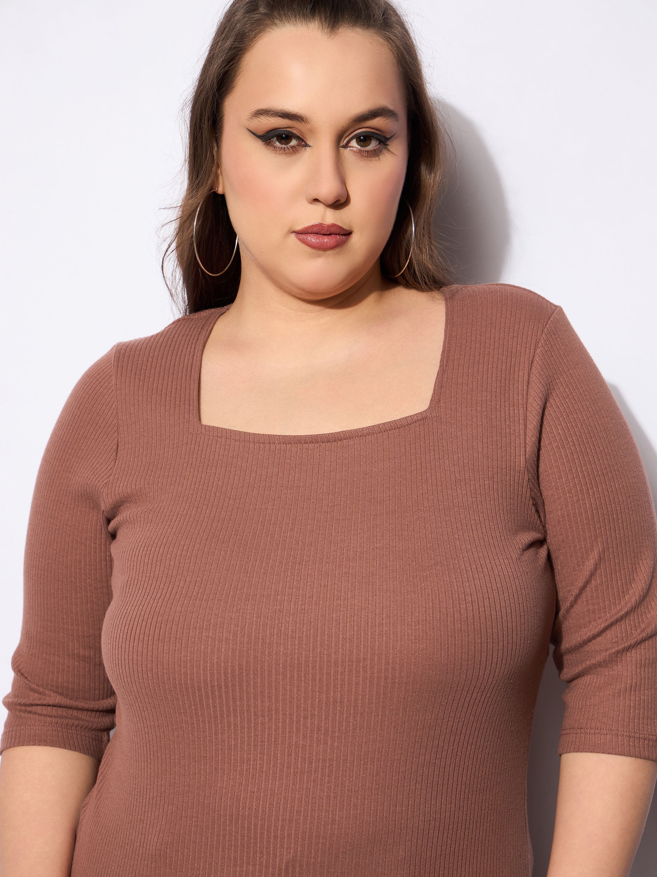 Women's Brown Rib Sqaure Neck Top-SASSAFRAS