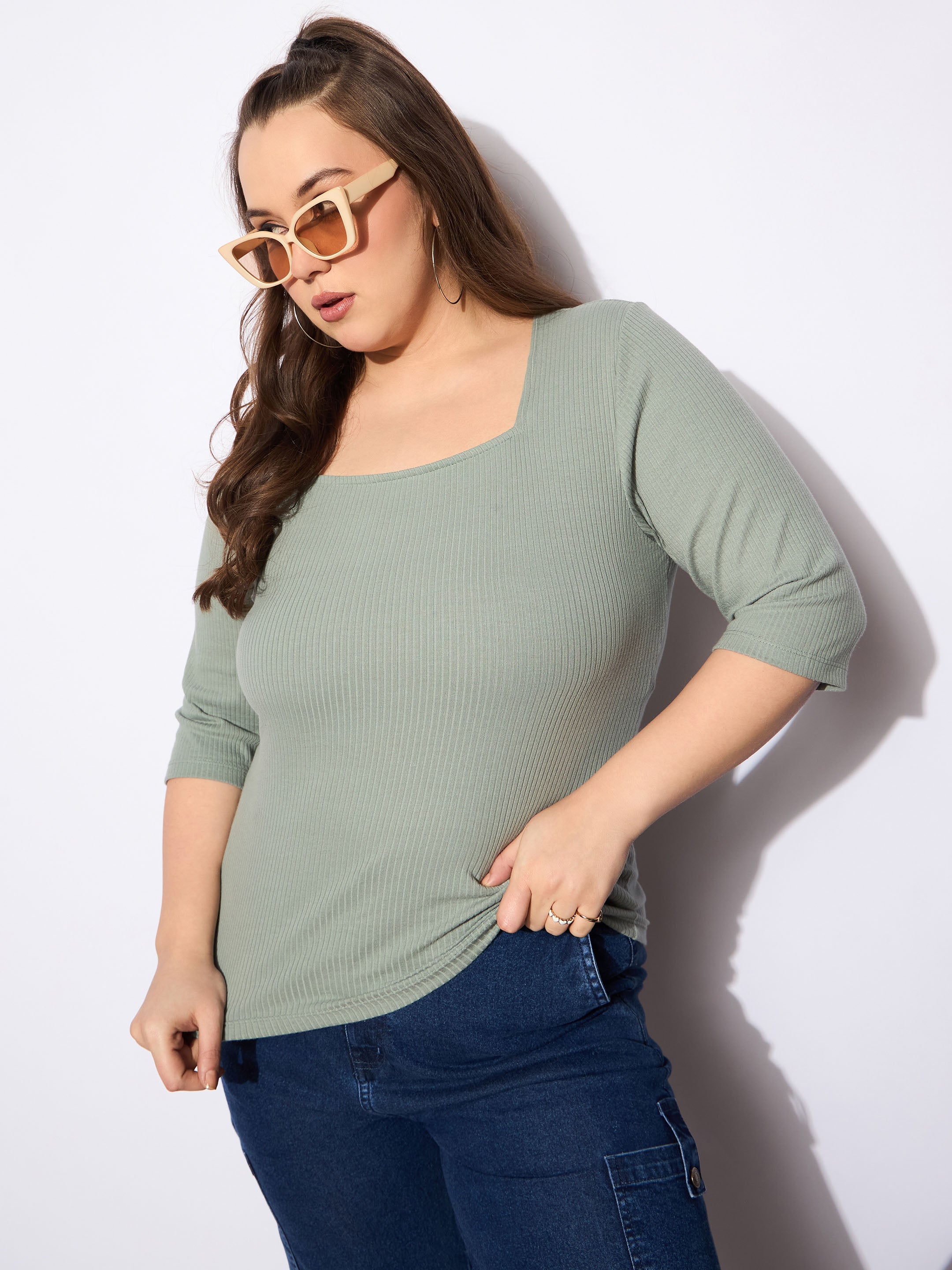 Women's Green Rib Square Neck Top-SASSAFRAS