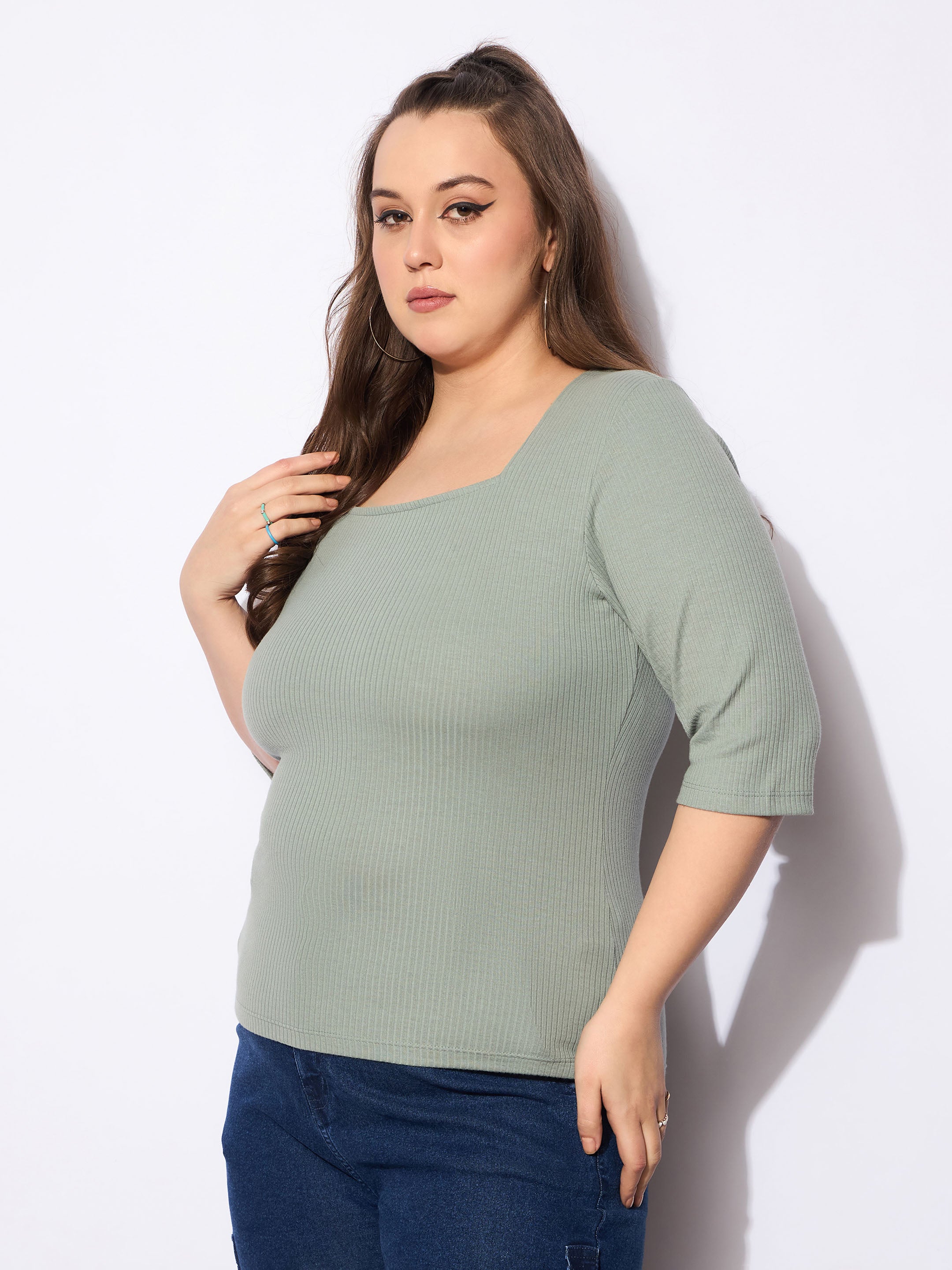 Women's Green Rib Square Neck Top-SASSAFRAS