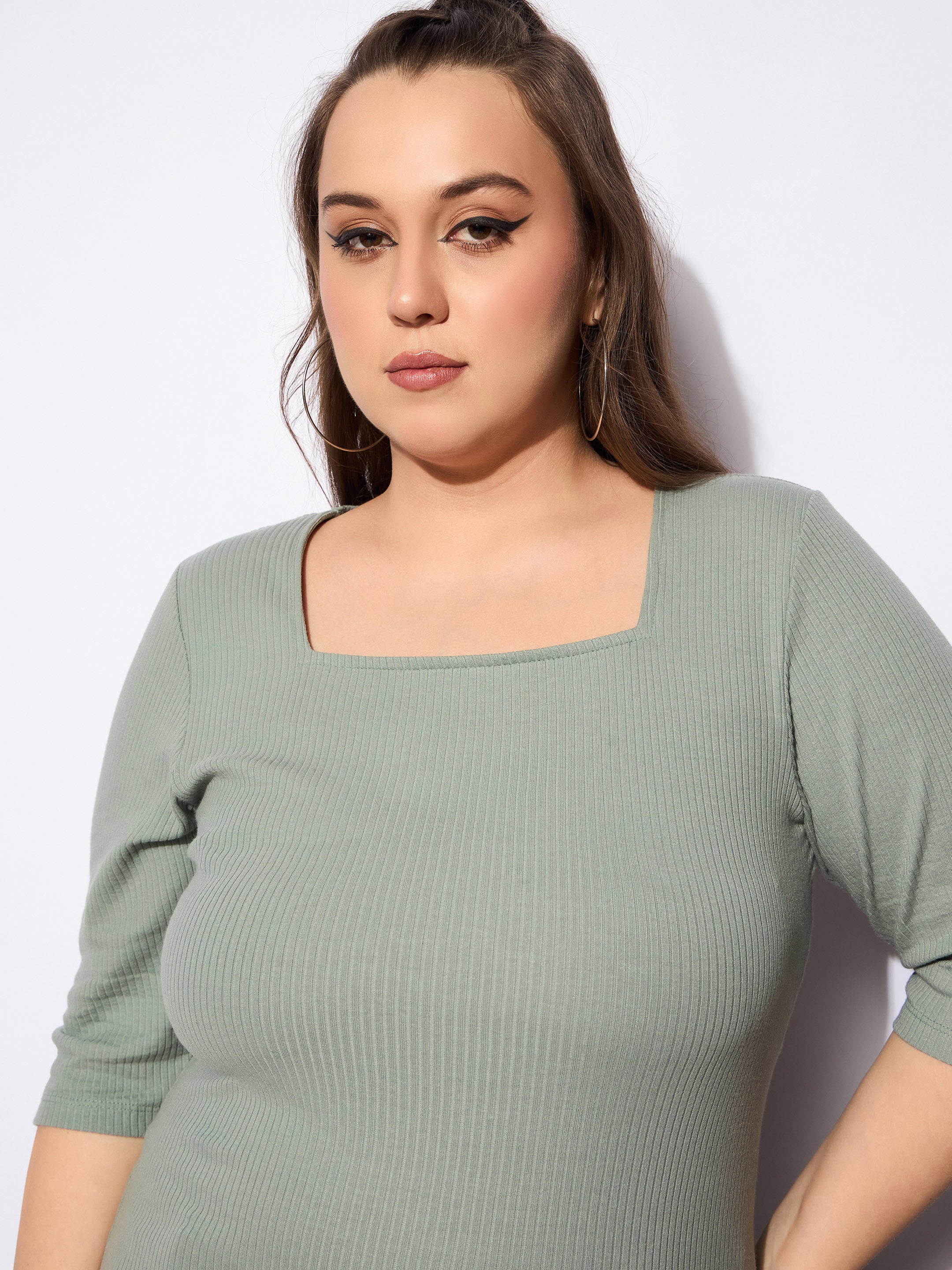 Women's Green Rib Square Neck Top-SASSAFRAS