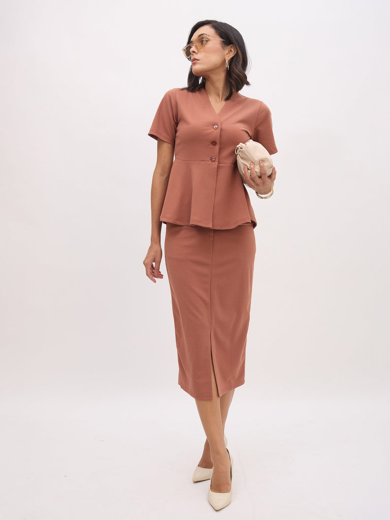 Women's Rust V Neck Half Sleeve Peplum Top